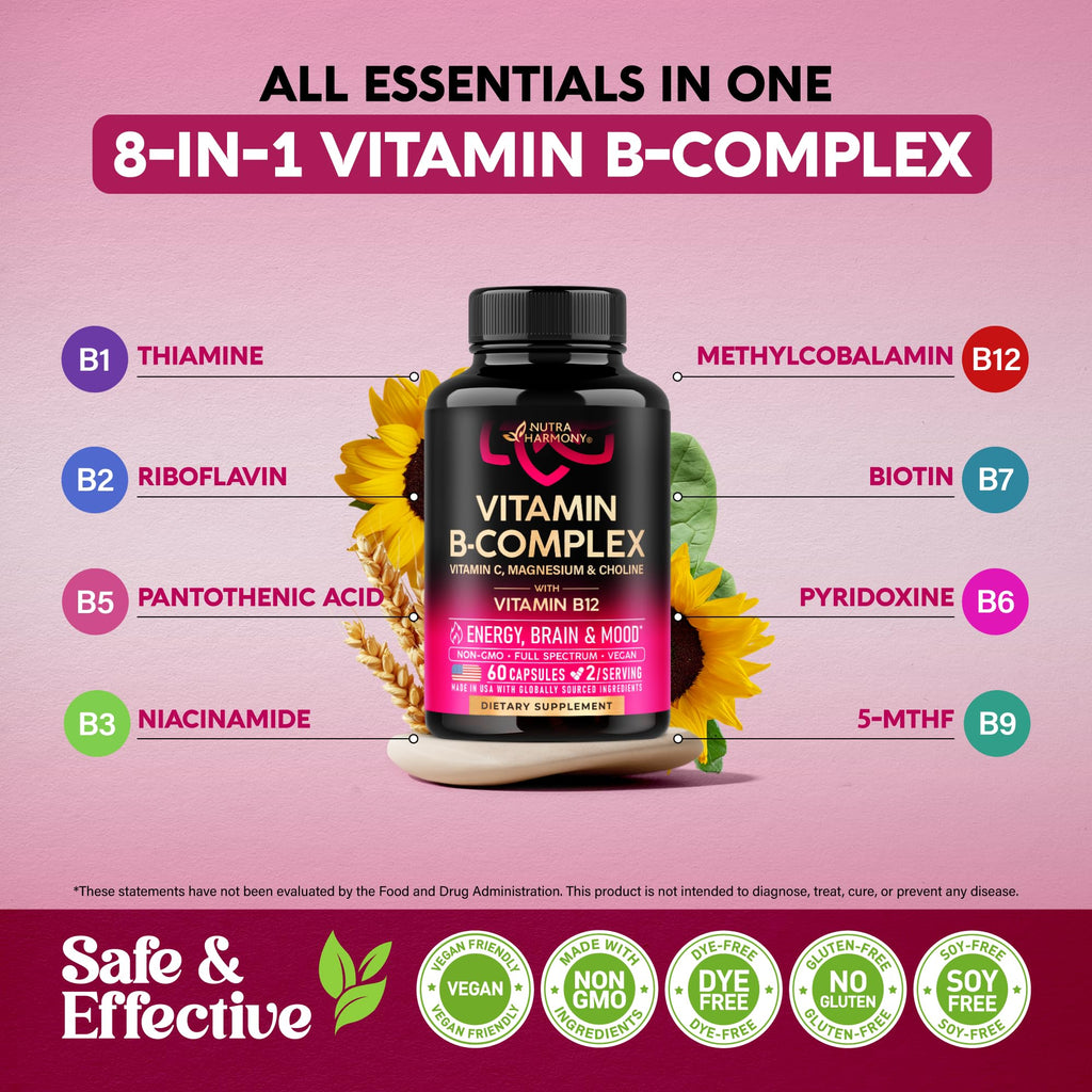 Vitamin B Complex for Men & Women - Made in USA - 11-in-1 B-Complex: B1, B2, B3, B5, B6, B7, B8, B9, B12 with Vitamin C, Choline, Inositol - Energy, Brain & Heart Support Supplement, 60 Vegan Capsules
