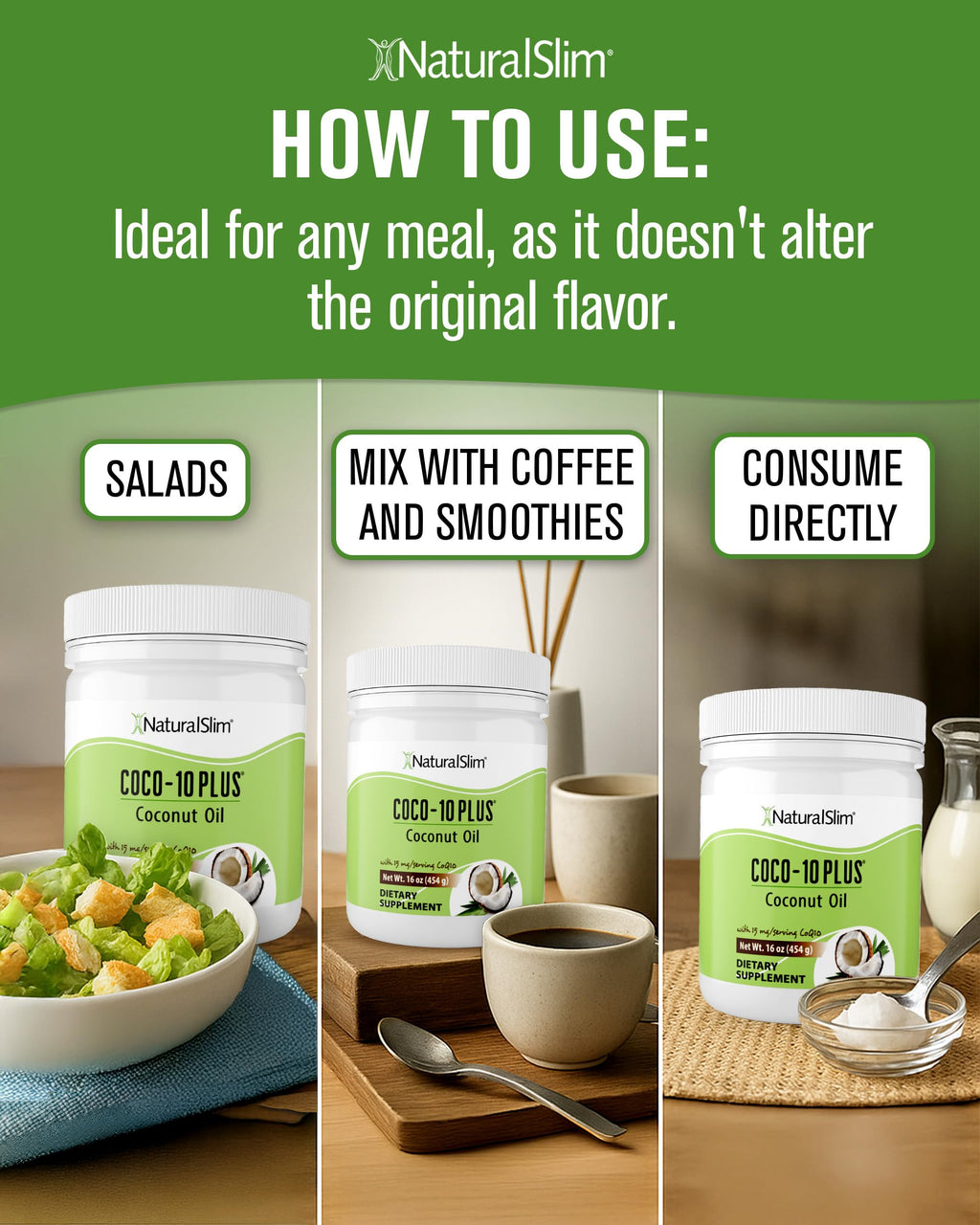 NaturalSlim Coconut Oil with CoQ10 - MCT Oil Organic Coconut Oil for Baking, Mixing with Shake, Smoothies, Coffee, or Ingest Directly - Boost Energy, Metabolism and Immune System Fresh Flavor