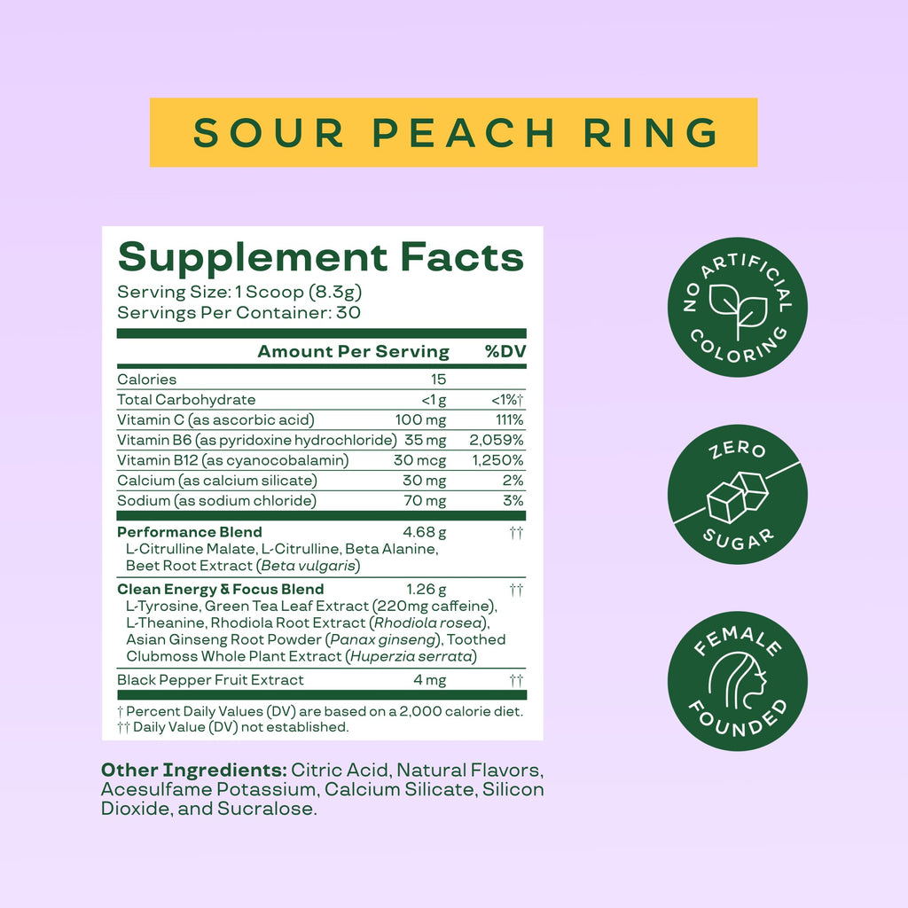 Bloom Nutrition High Energy Pre Workout Powder, Amino Energy with Beta Alanine, Ginseng & L Tyrosine, Natural Caffeine Powder from Green Tea Extract, Sugar Free & Keto Drink Mix (Sour Peach Ring)