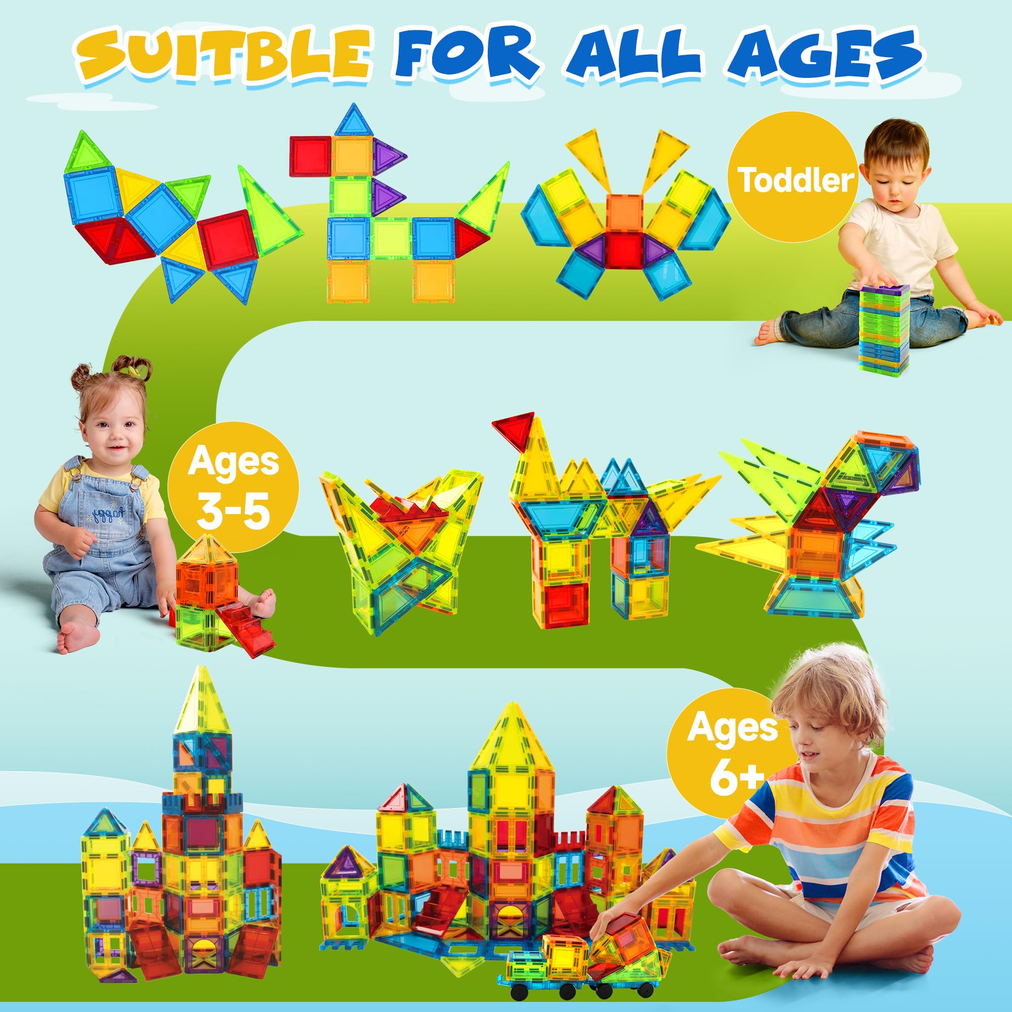 W WISE BLOCK Magnetic Tiles 131 PCS with 2 Cars STEM Toys for Kids Ages 3-8