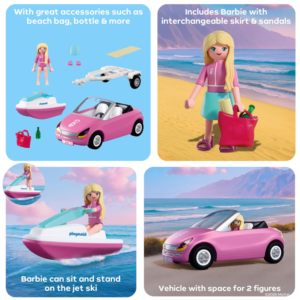 Playmobil | Barbie x Barbie Convertible | Convertible Car with Trailer & Jet Ski | Vehicle & Water Fun | Creative Playset for Children Aged 4+ | 72123
