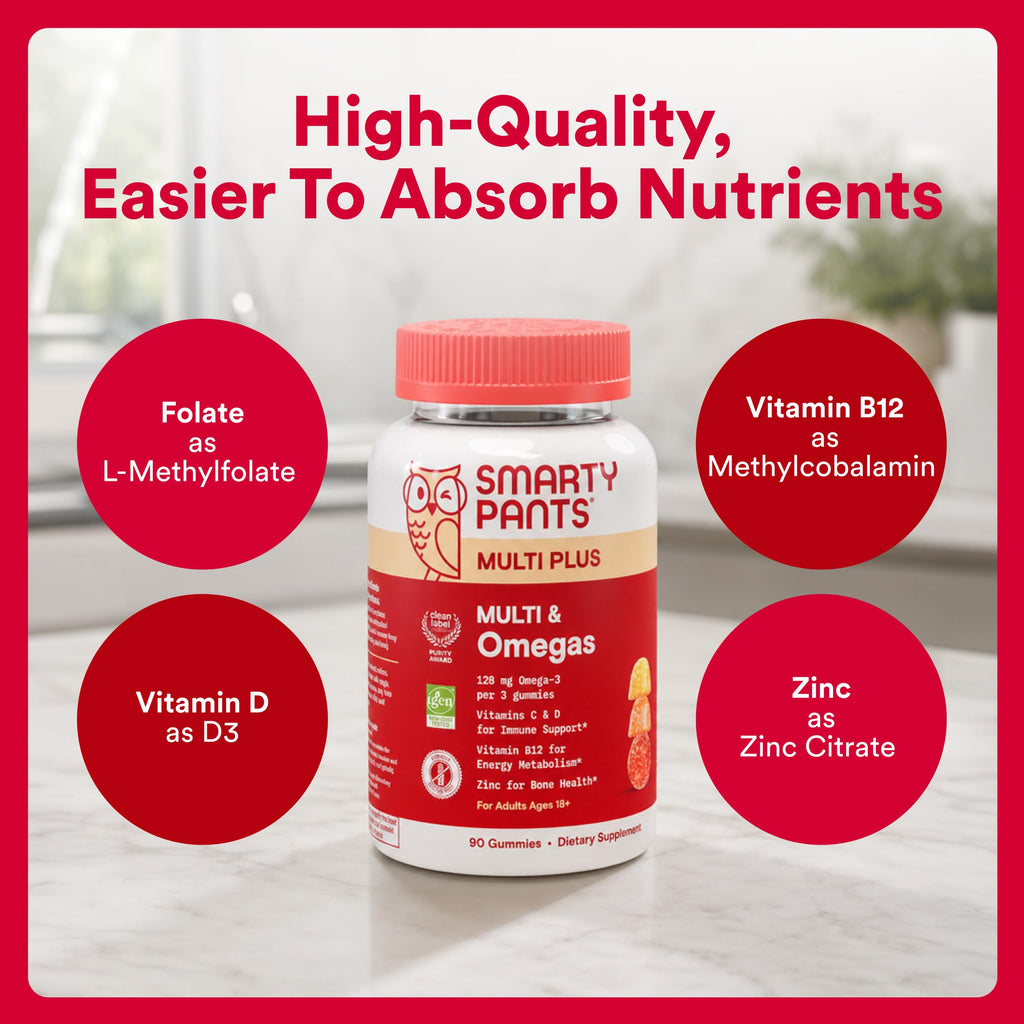 SmartyPants Plus Multi & Omegas Men and Women's Multivitamin Gummies with Omega 3 DHA/EPA, Vitamin D3, C, B12, B6, A, K, Zinc, Biotin, Clean Label, Three Fruit Flavors, 90 Count (30 Day Supply)