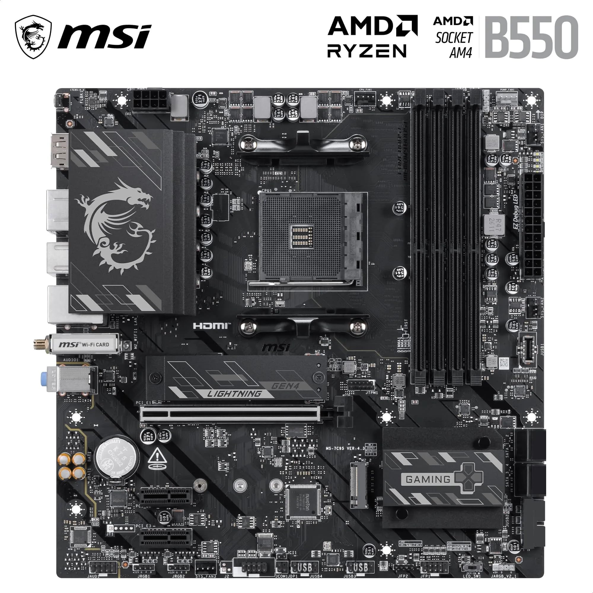 MSI B550M Gaming Plus WIFI6E Motherboard, mATX-Supports AMD Ryzen 5000 Series,5000 G-Series 4000 G-Series,and 3000 Series Processors, AM4-DDR4 Memory Boost 4400+MHz/OC, PCIe 4.0 x16, M.2 Gen4, 1G LAN