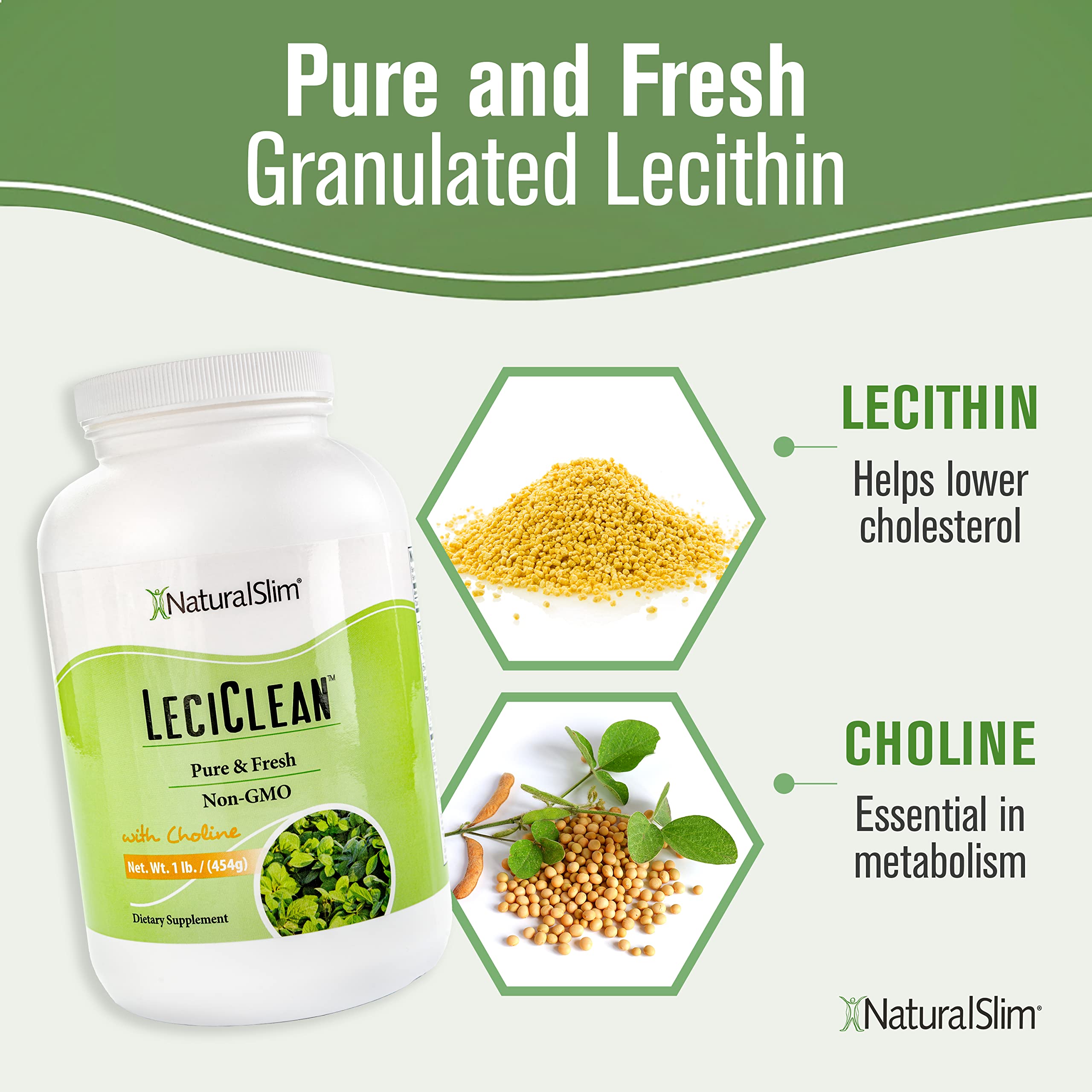 NaturalSlim Natural Soy Lecithin Granules with Choline - Pure & Fresh Granulated Lecithin Supplement for Cleansing & Cognitive Support - Non-GMO Food Grade - 1 Pound