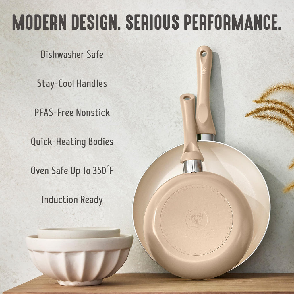 GreenLife 2 Piece (8" & 10") Ceramic Nonstick Skillet Set, Beige Taupe