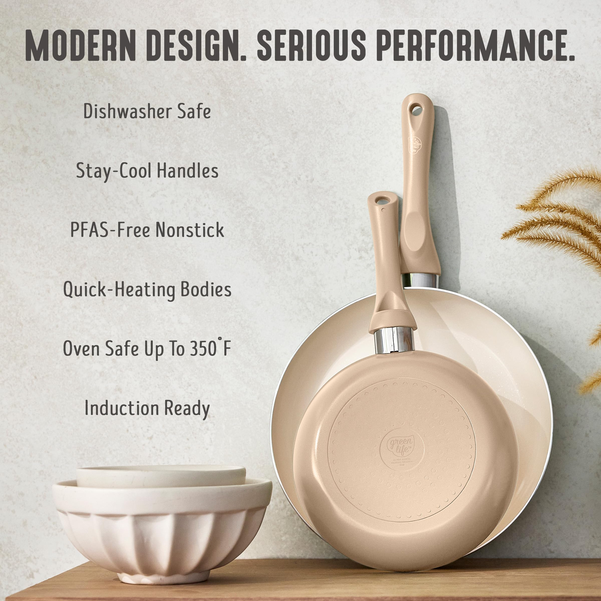 GreenLife 2 Piece (8" & 10") Ceramic Nonstick Skillet Set, Beige Taupe