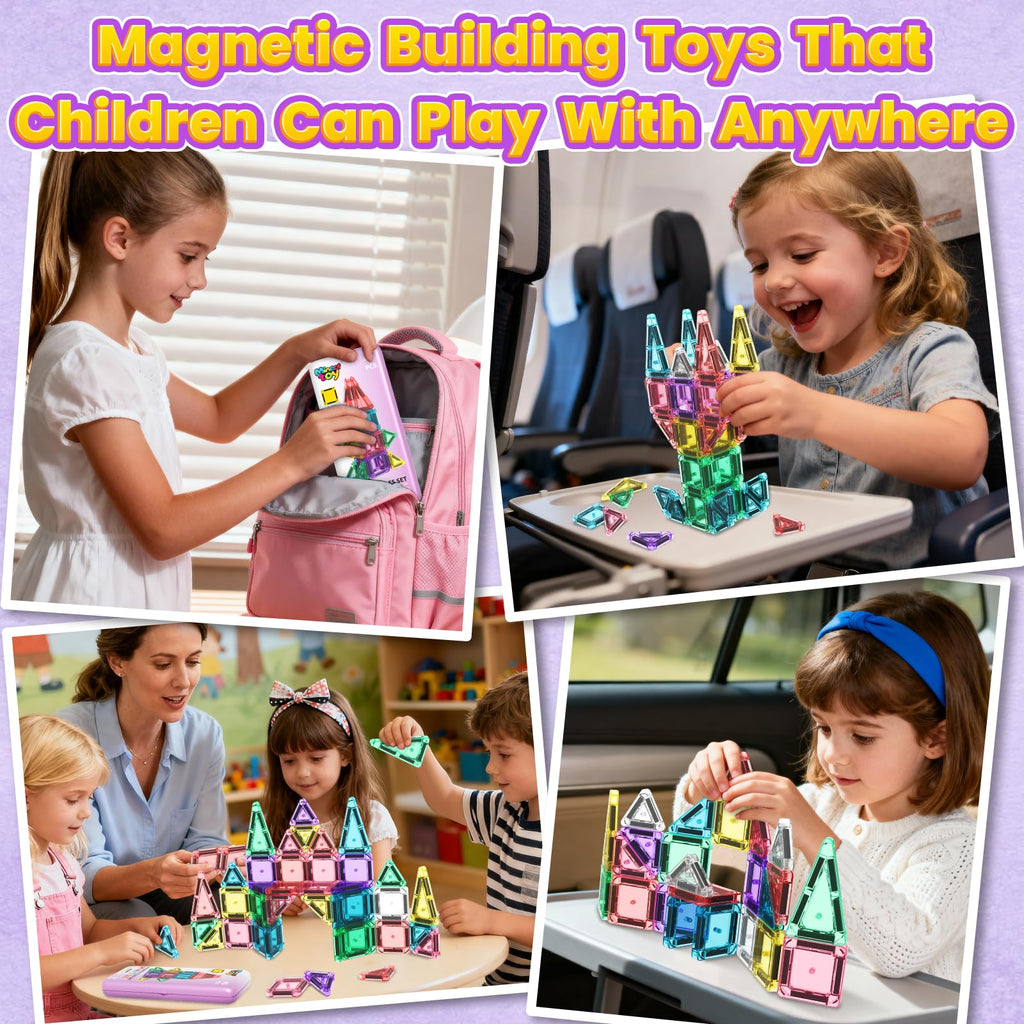 40PCS Magnetic Tiles Mini Travel Essentials Toddler Toys with Case Set, Preschool Montessori Education Magnetic Building Blocks Games Sensory Toys for 3 4 5 Year Old Boys Girls Birthday Gifts
