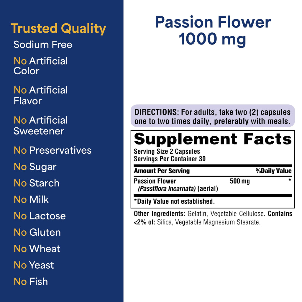 Puritan's Pride Premium Passion Flower Extract Capsules 250 mg, Concentrated Herbal Dietary Supplement for Traditional Stress Relief Support, 60 Rapid Release Capsules