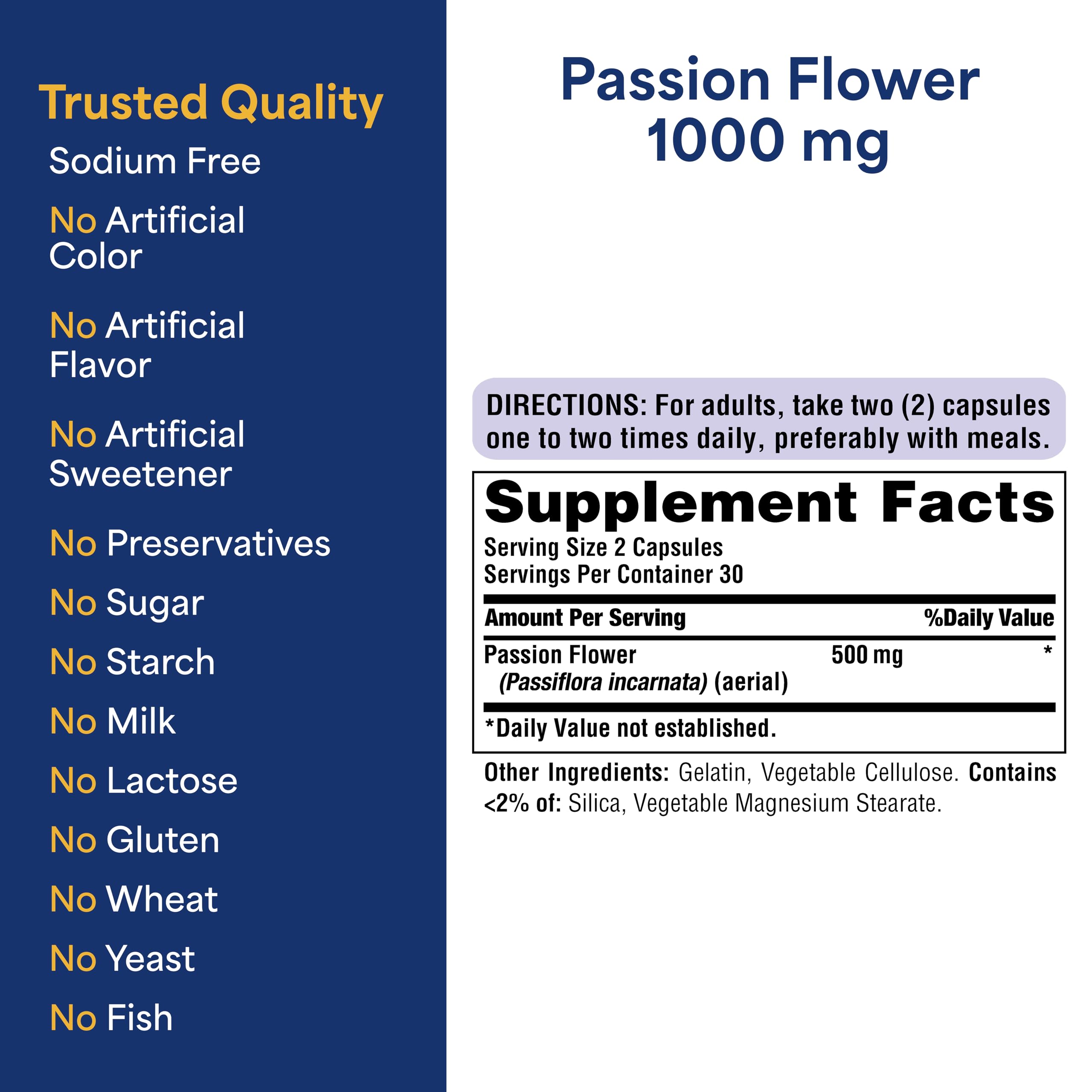 Puritan's Pride Premium Passion Flower Extract Capsules 250 mg, Concentrated Herbal Dietary Supplement for Traditional Stress Relief Support, 60 Rapid Release Capsules