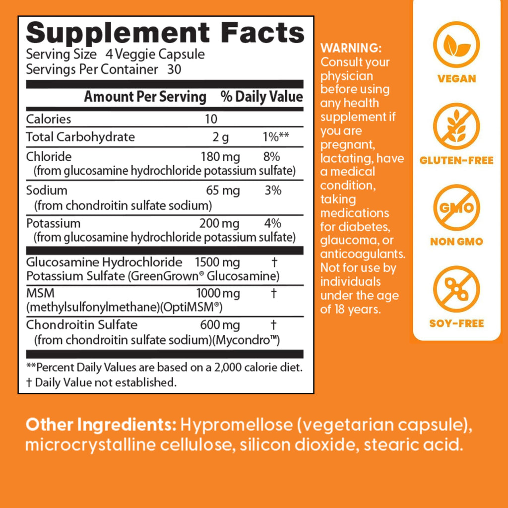 Doctor's Best Vegan Glucosamine Chondroitin MSM - Joint Health Support Supplement for Women & Men, Nutritional Support for Joint Strength, Hair, Skin, & Nails, Gluten Free, Non GMO - 120 Veg Capsules
