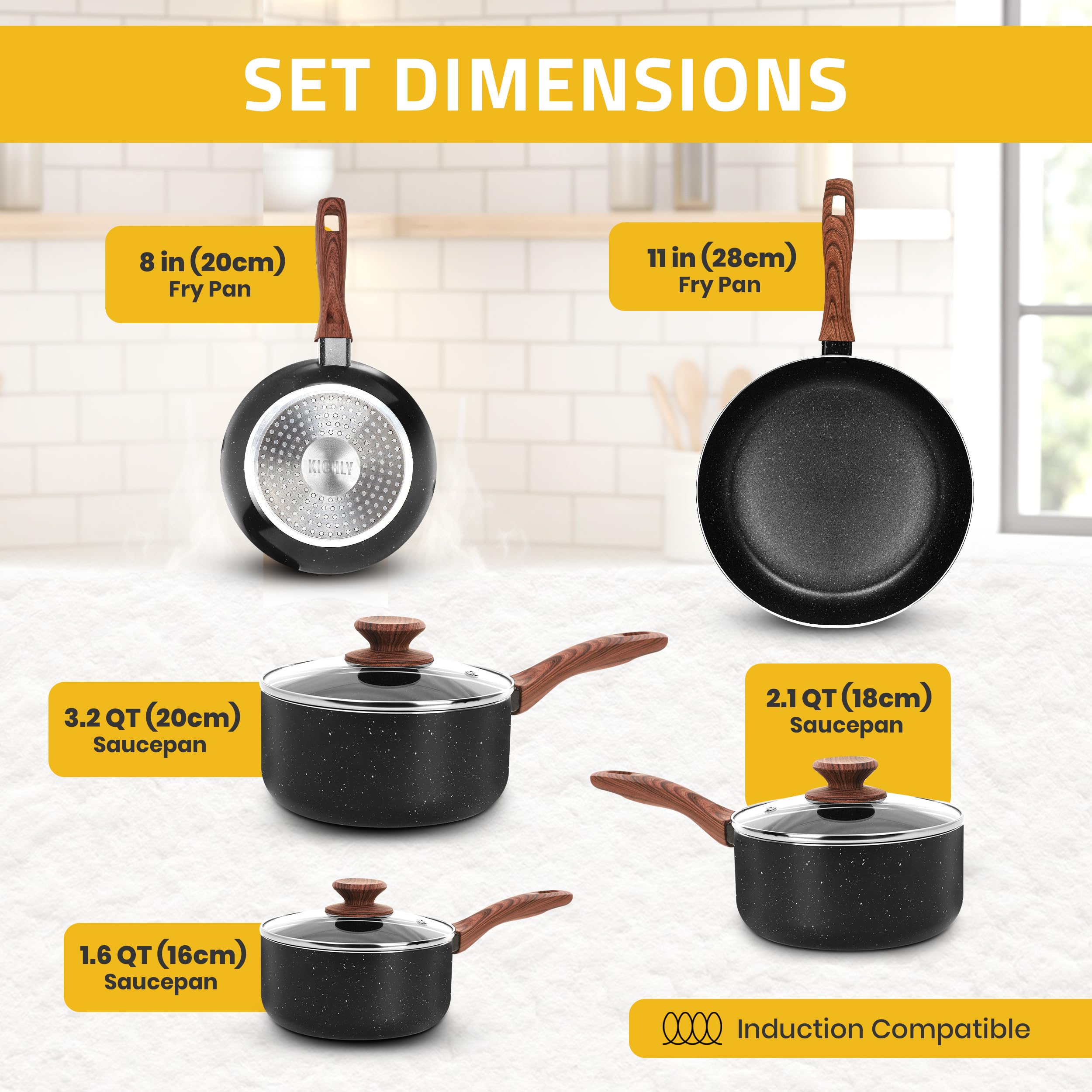 KICHLY Granite Pots and Pans Cookware Set 8 Piece PFOA-Free