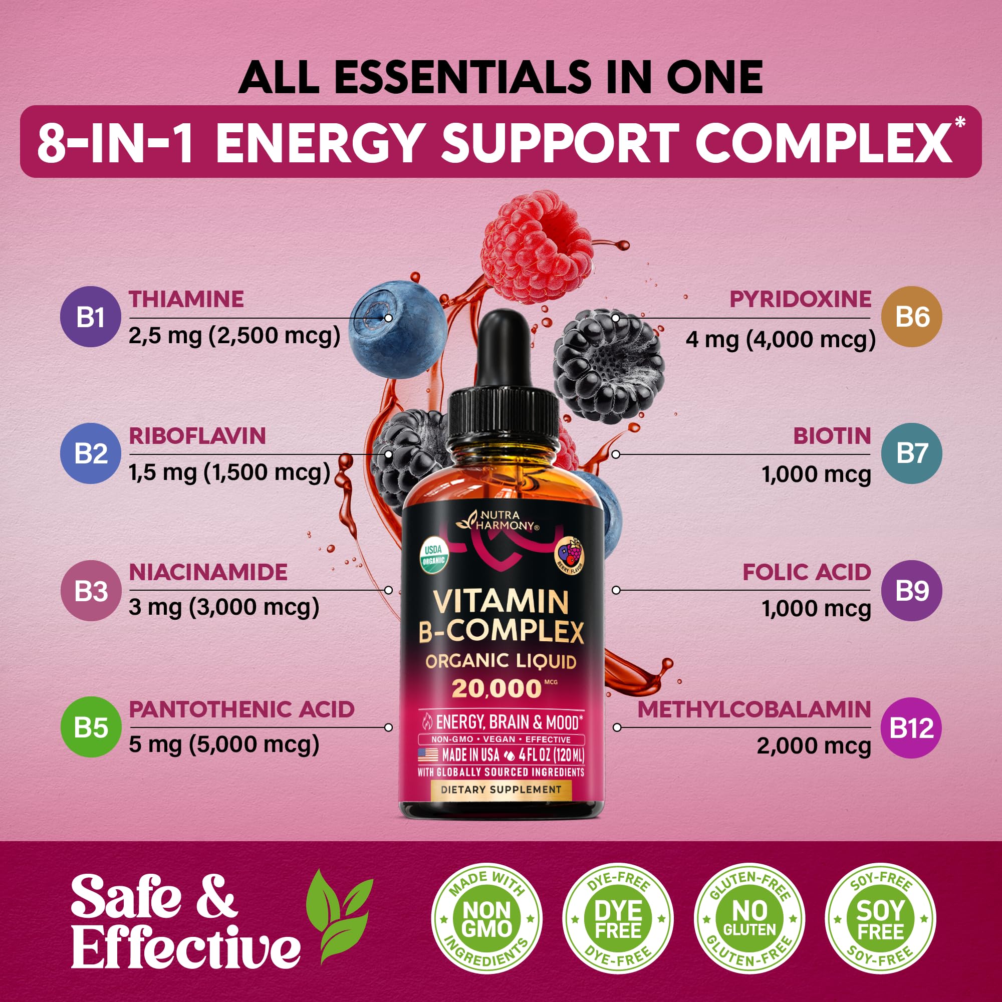 USDA Organic Vitamin B-Complex B5 Pantothenic Acid | B12 Methylcobalamin | B1 Thiamine | B6 Pyridoxine | B7 Biotin | B9 Folic | B3 Niacinamide - B Complex Liquid Drops, Natural Berry Flavor, 4fl oz