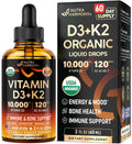Vitamin D3 K2 USDA Organic Drops - Vitamin D3 10000 IU & K2 as MK-7 120mcg - Immune & Mood Support, Bone & Teeth Health - Sugar-Free, Orange Flavor - Liquid Supplement - 2 FL OZ, 60 Day Supply