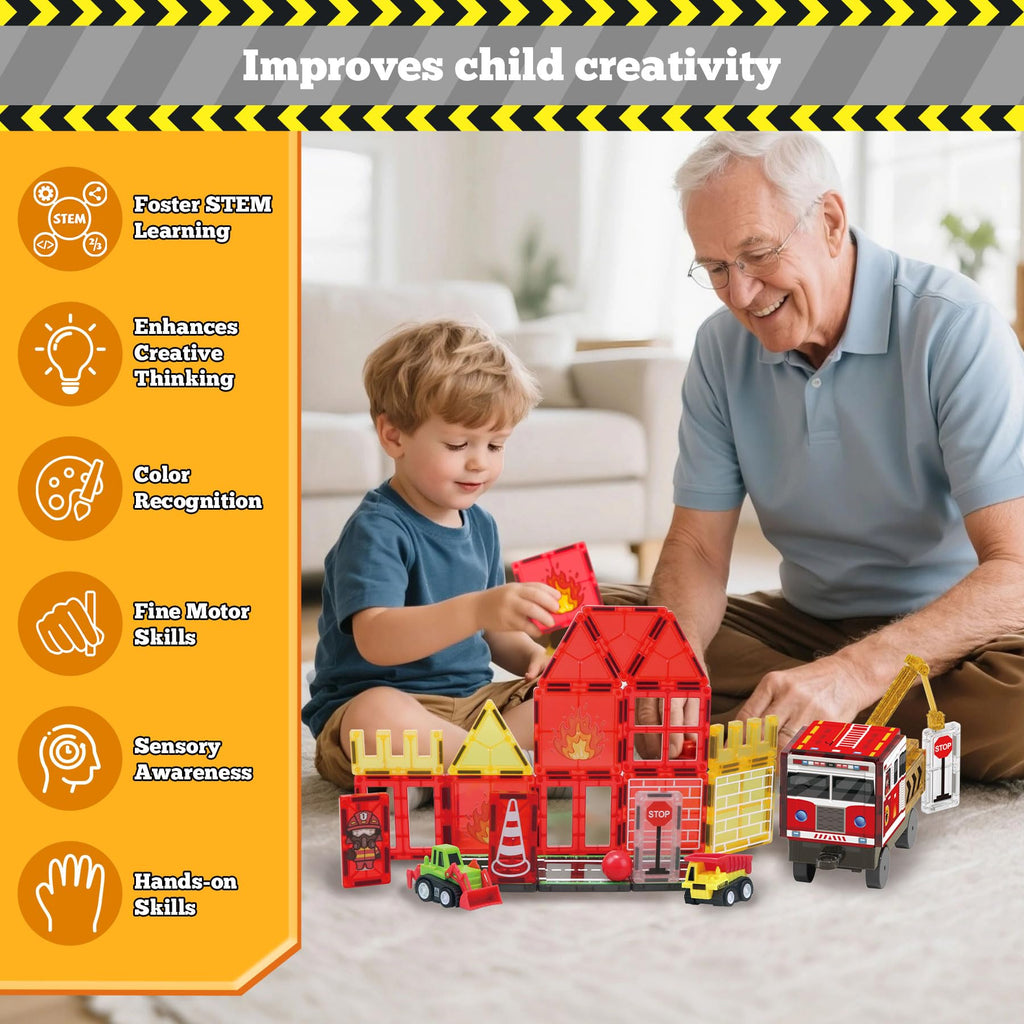 Magnetic Tiles Fire Truck Set,Magnet Blocks for Kids Ages 4-8 Boy STEM Toys