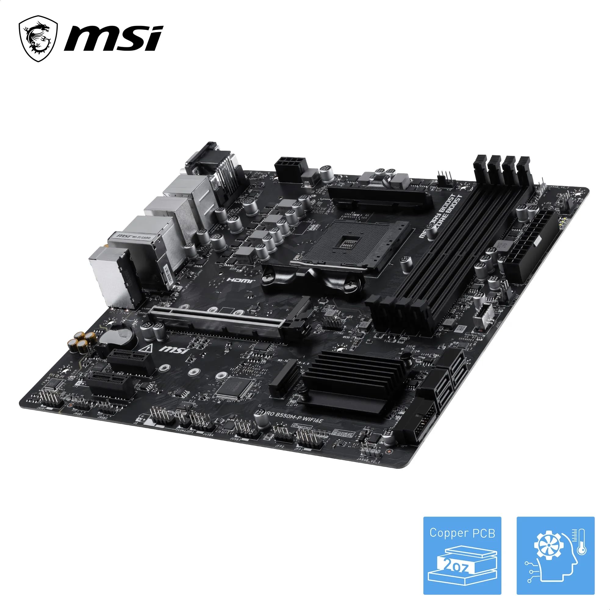 MSI PRO B550M-P WIFI6E ProSeries Motherboard (AMD Ryzen 5000 Series, AM4, DDR4, PCIe 4.0, SATA 6Gb/s, M.2, USB 3.2 Gen 2, HDMI/DP, Wi-Fi 6E, Bluetooth 5.2, mATX)