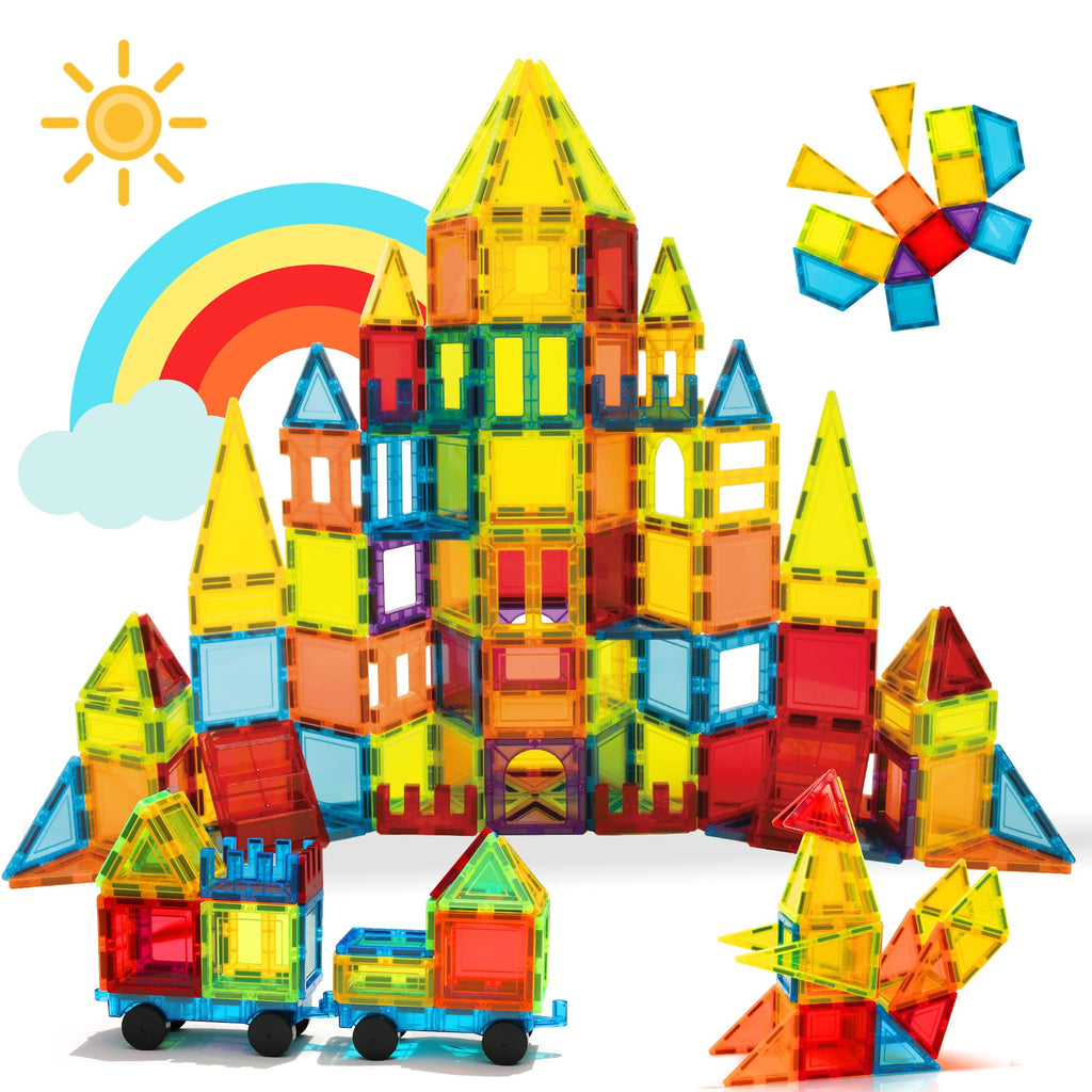 W WISE BLOCK Magnetic Tiles 131 PCS with 2 Cars STEM Toys for Kids Ages 3-8