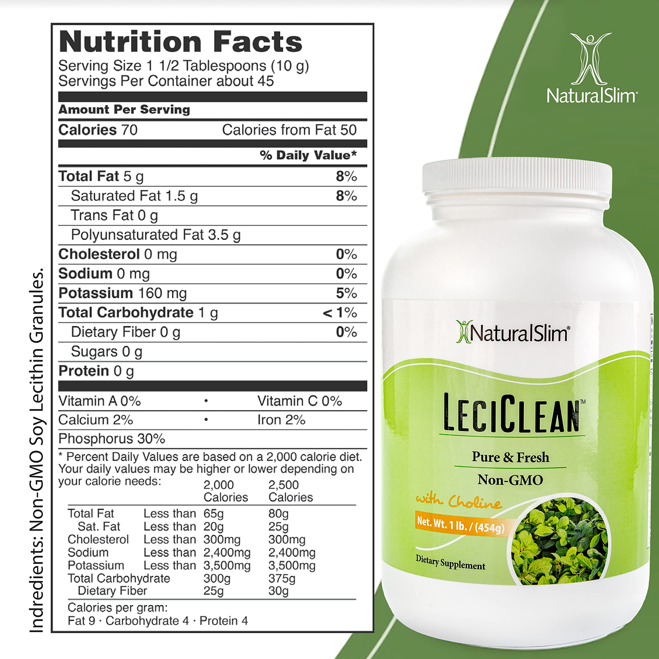 NaturalSlim Natural Soy Lecithin Granules with Choline - Pure & Fresh Granulated Lecithin Supplement for Cleansing & Cognitive Support - Non-GMO Food Grade - 1 Pound