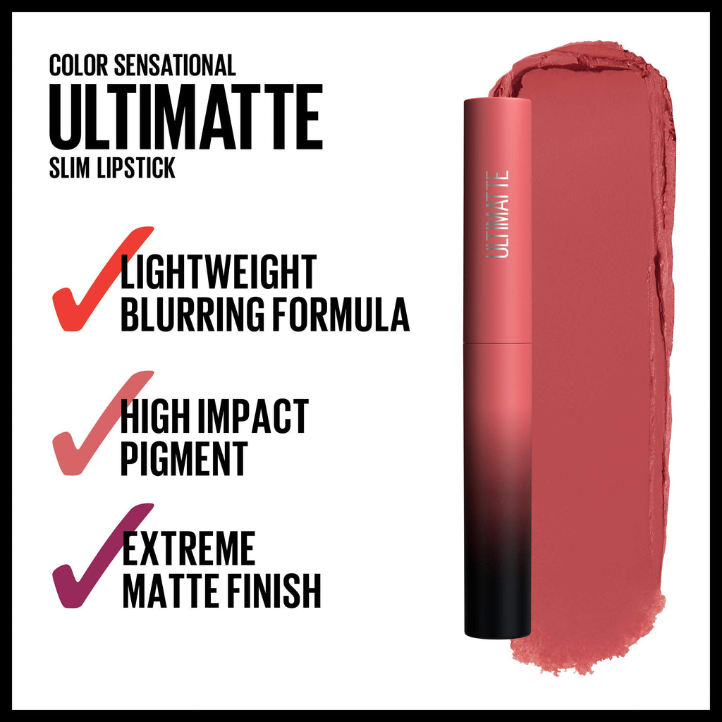 MAYBELLINE Color Sensational Ultimatte Matte Lipstick, Non-Drying, Intense Color Pigment, More Blush, Rose Pink, 1 Count