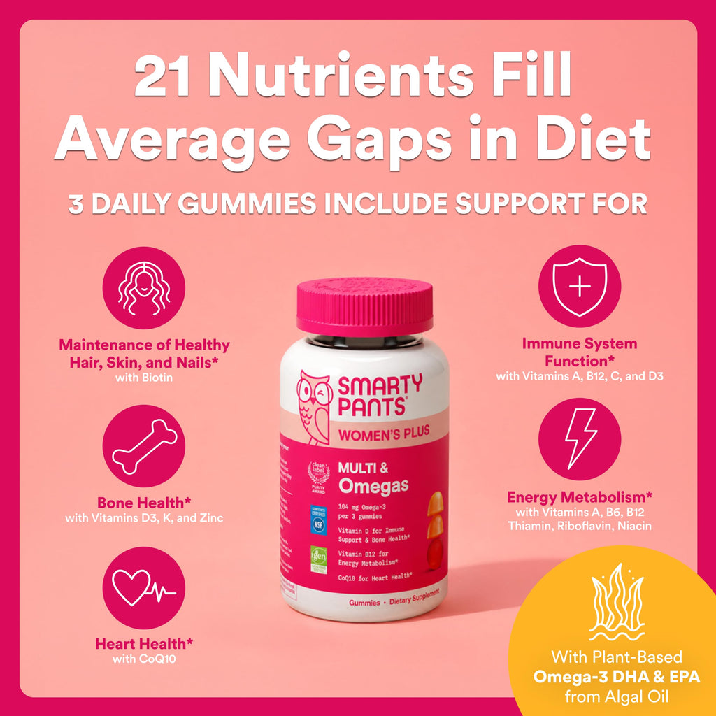 SmartyPants Women's Multivitamin Gummies, Omega 3 DHA/EPA, Methylfolate, CoQ10, Vitamin D3, C, B12, B6, A, K, Zinc, Three Fruit Flavors, 90 Count (30 Day Supply)