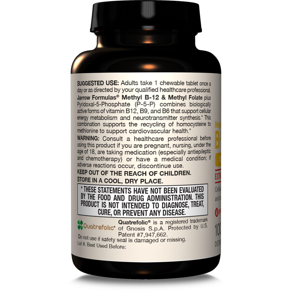 Jarrow Formulas Methyl B-12 & Methyl Folate, Bioactive Vitamin B9 and Vitamin B12 Supplement, Supports Cellular Energy Production, Healthy Brain Function & Metabolism, 60 Chewable Tablets, 60 Servings