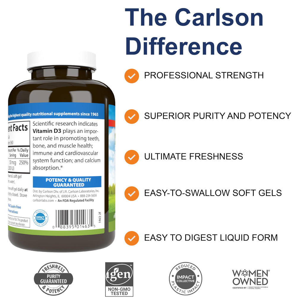 Carlson Vitamin D3, 2000 IU (50 mcg), Bone Health, 360 Softgels