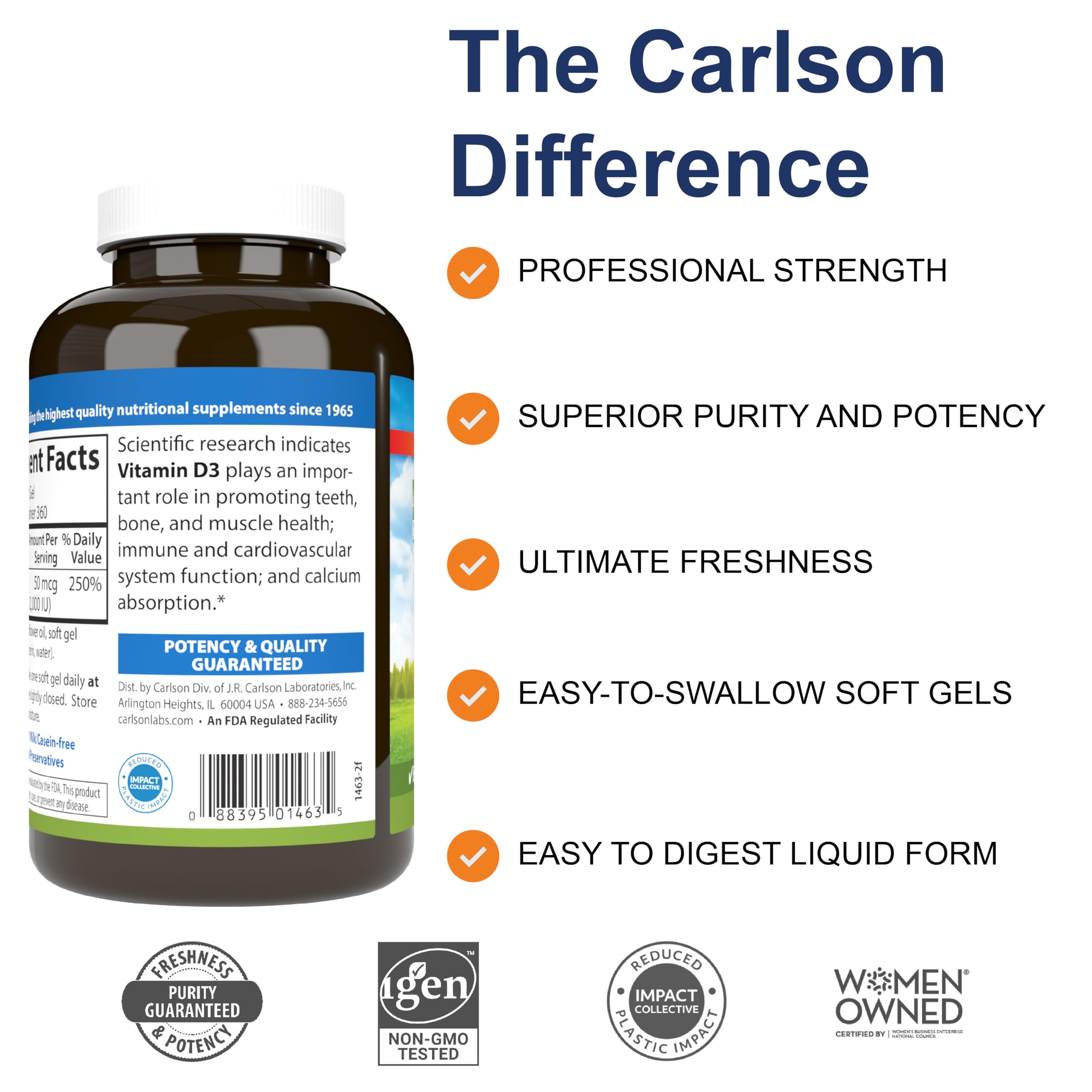 Carlson Vitamin D3, 2000 IU (50 mcg), Bone Health, 360 Softgels