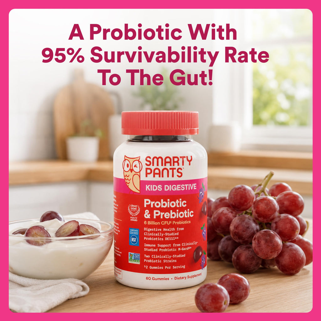SmartyPants Kids Probiotic & Prebiotic Gummies for Digestive Health: Gut Health Supplement, Clinically Studied Prebiotic for Immune Support, Grape, 60 Count (30 Day Supply)