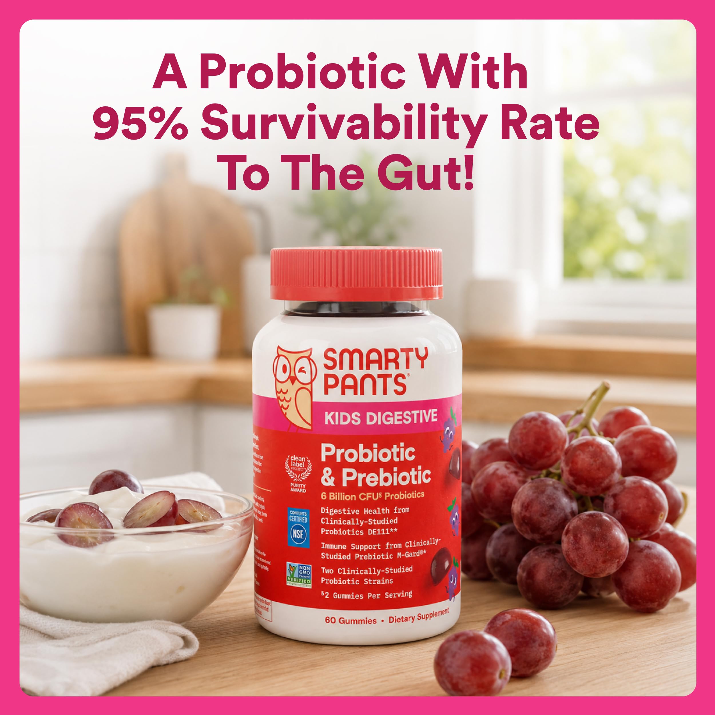 SmartyPants Kids Probiotic & Prebiotic Gummies for Digestive Health: Gut Health Supplement, Clinically Studied Prebiotic for Immune Support, Grape, 60 Count (30 Day Supply)