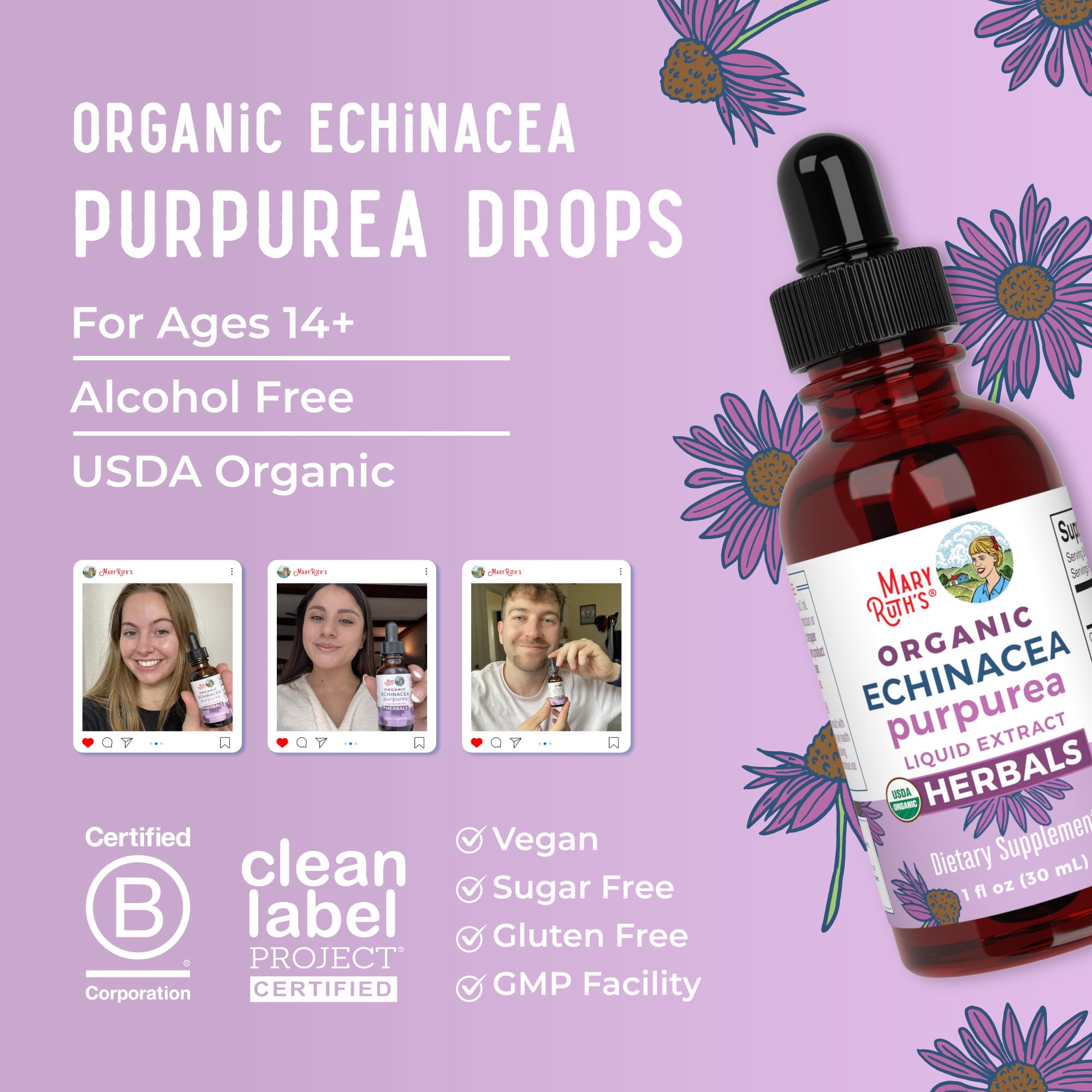 MARYRUTH'S Organic Echinacea Purpurea Liquid, Sugar Free, Non-GMO, 1 Fl Oz