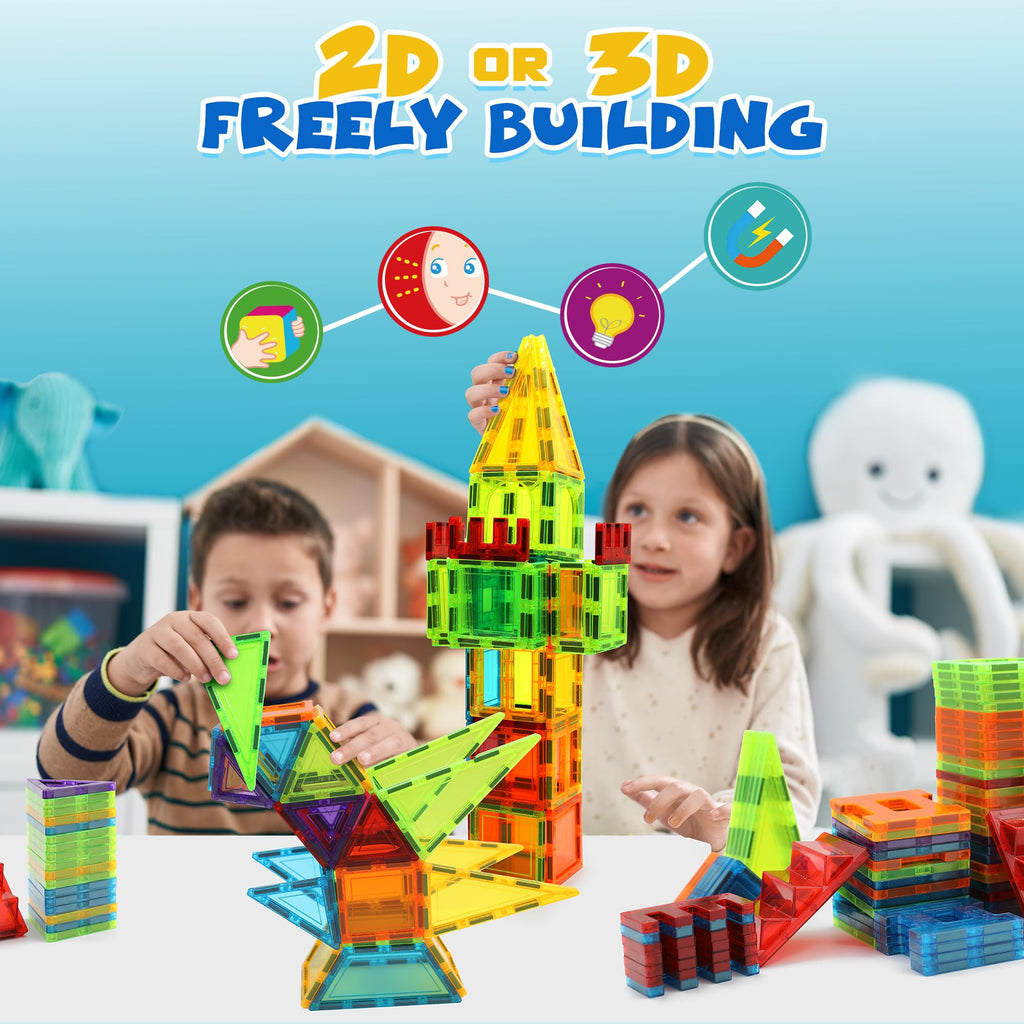 W WISE BLOCK Magnetic Tiles 131 PCS with 2 Cars STEM Toys for Kids Ages 3-8