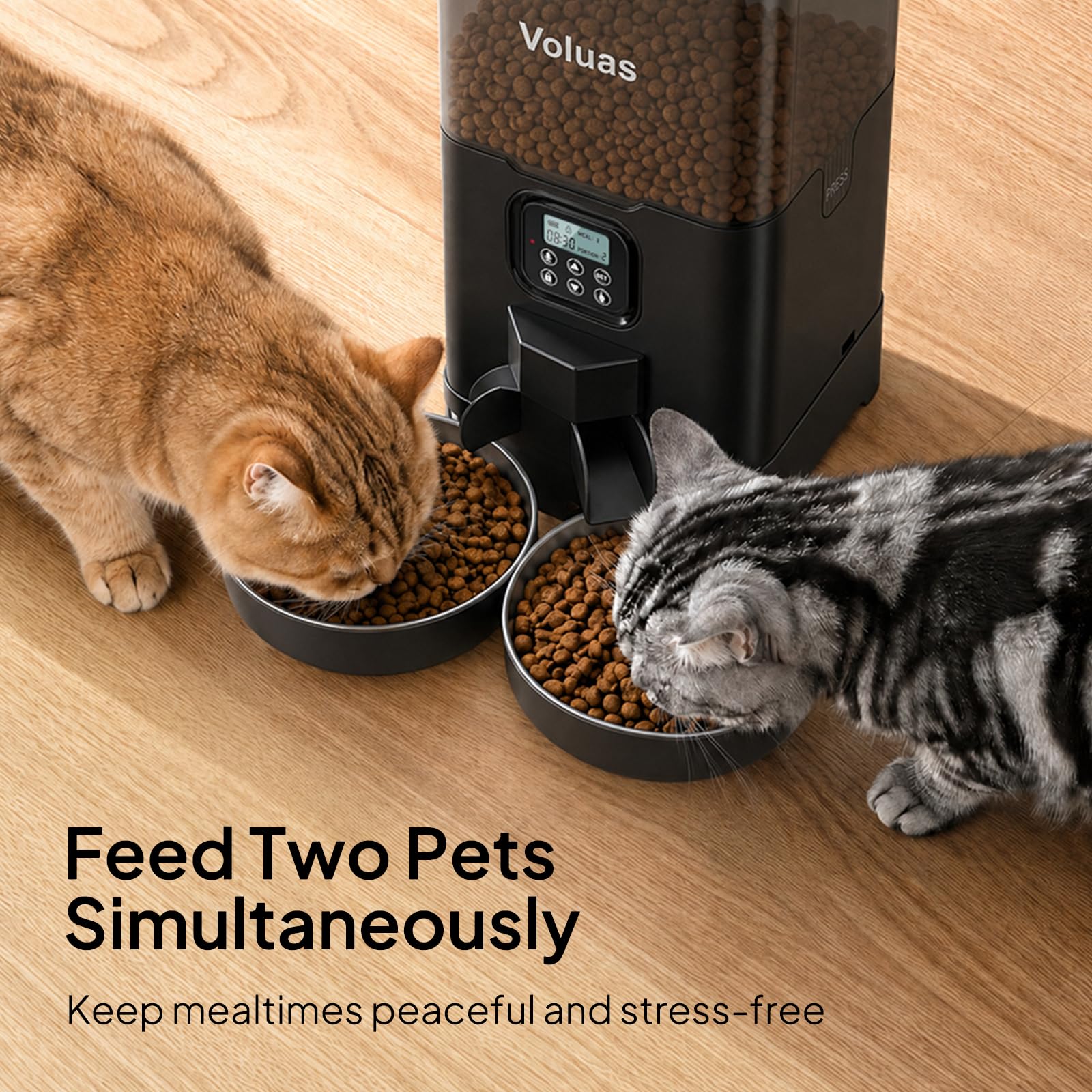 VOLUAS Automatic Cat Feeder for Two Cats with Dual Stainless Bowls, 6L