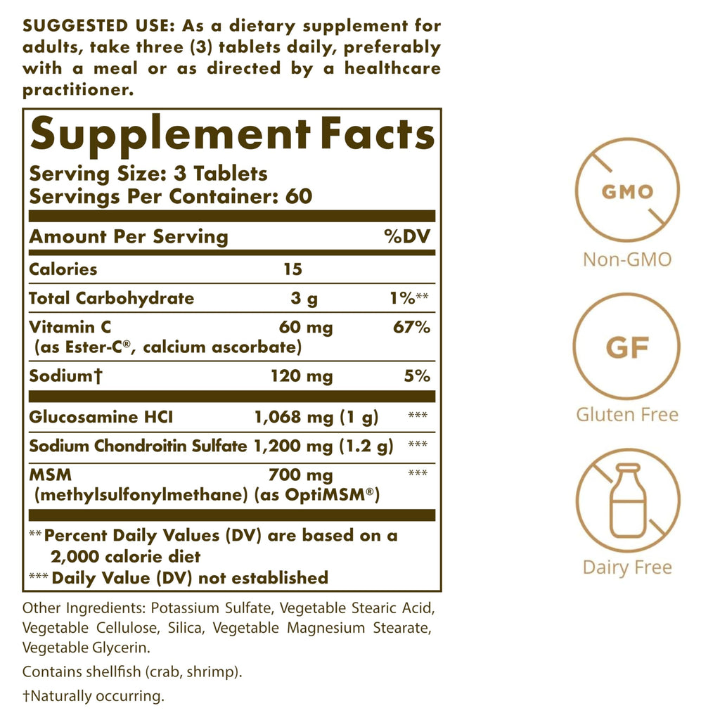 Solgar Extra Strength Glucosamine Chondroitin MSM w/Ester-C, 180 Tablets - Promotes Healthy Joints, Supports Comfortable Movement & Collagen Formation - Non-GMO, Gluten No, Dairy No - 60 Servings