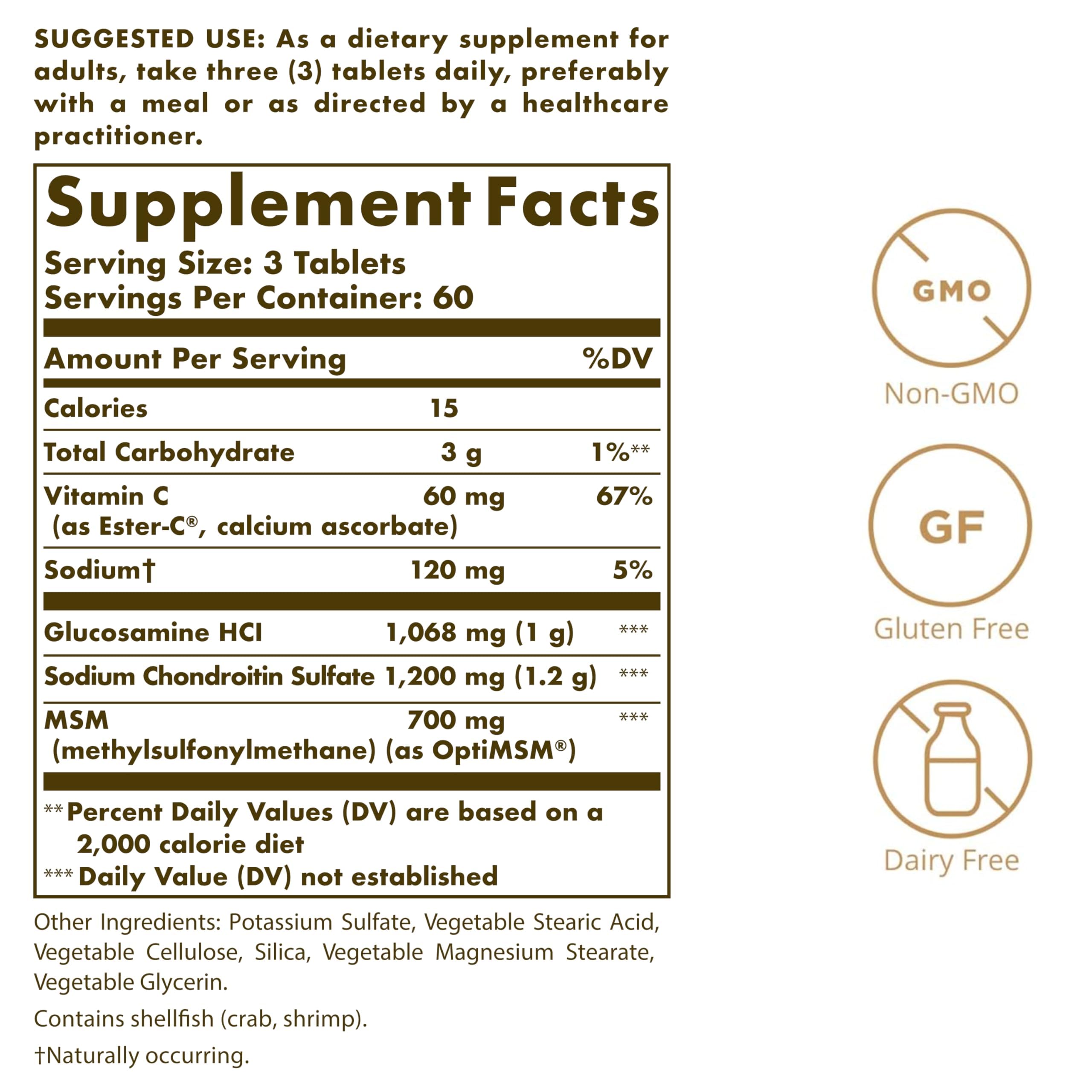 Solgar Extra Strength Glucosamine Chondroitin MSM w/Ester-C, 180 Tablets - Promotes Healthy Joints, Supports Comfortable Movement & Collagen Formation - Non-GMO, Gluten No, Dairy No - 60 Servings