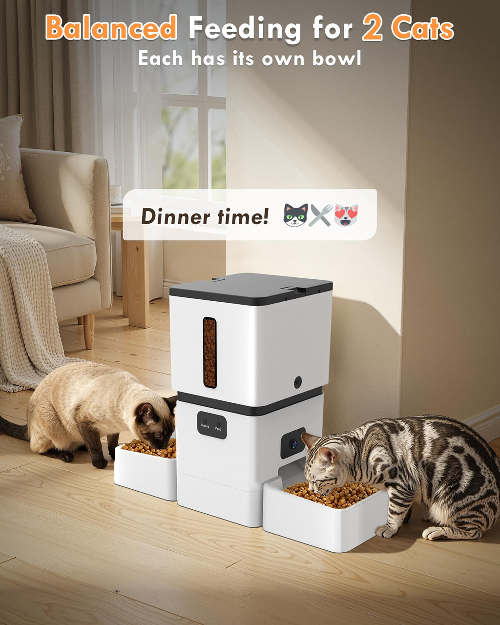 Yakry Automatic Cat Feeder for 2 Cats with Dual Bowls & Two HD Cameras