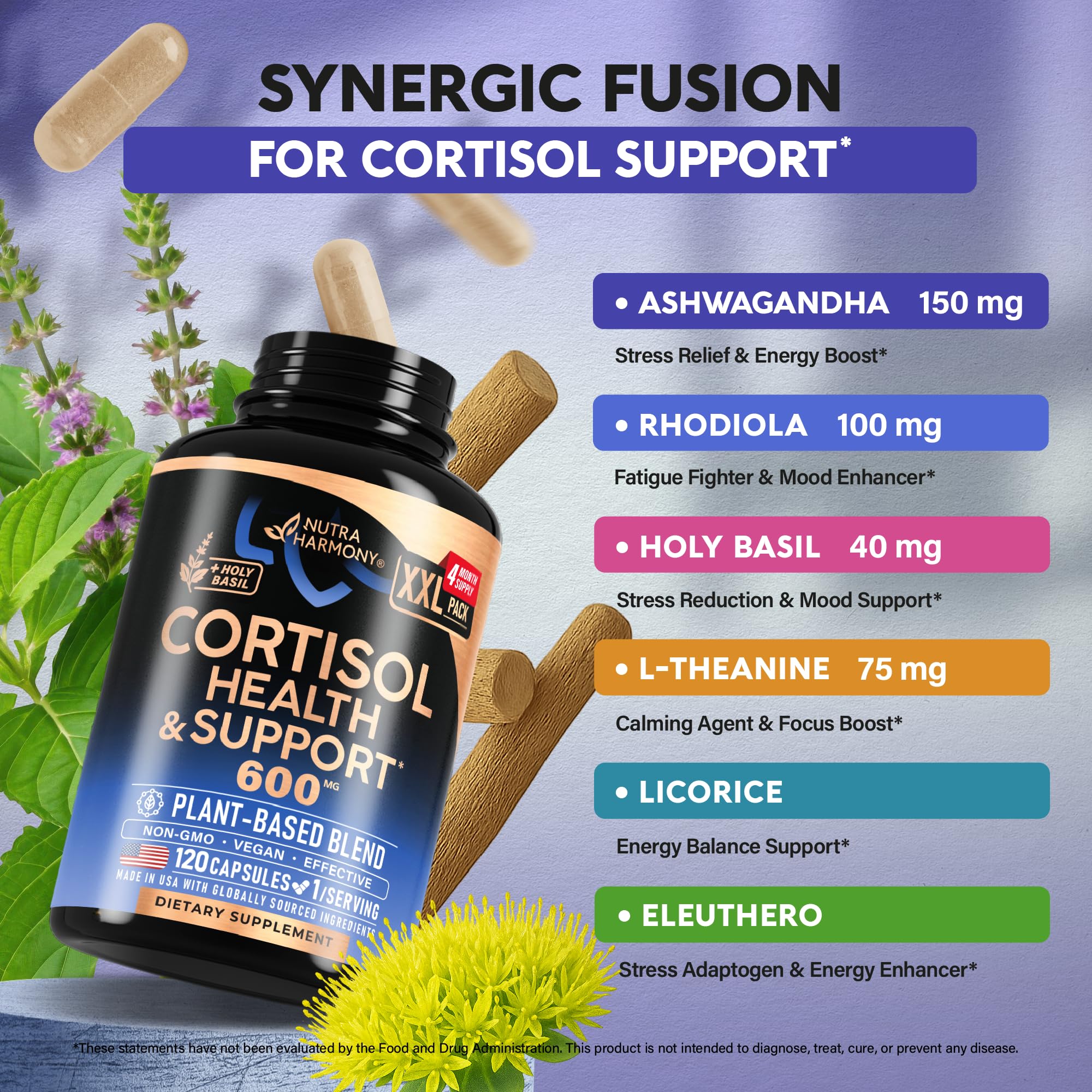 Cortisol Supplement for Women - Holy Basil | Ashwagandha | Rhodiola | L-Theanine - Plant-Based Hormone Balance - Mood, Focus & Sleep Support - Lab Tested - Vegan, Non-GMO - 120 Capsules for 4 Months
