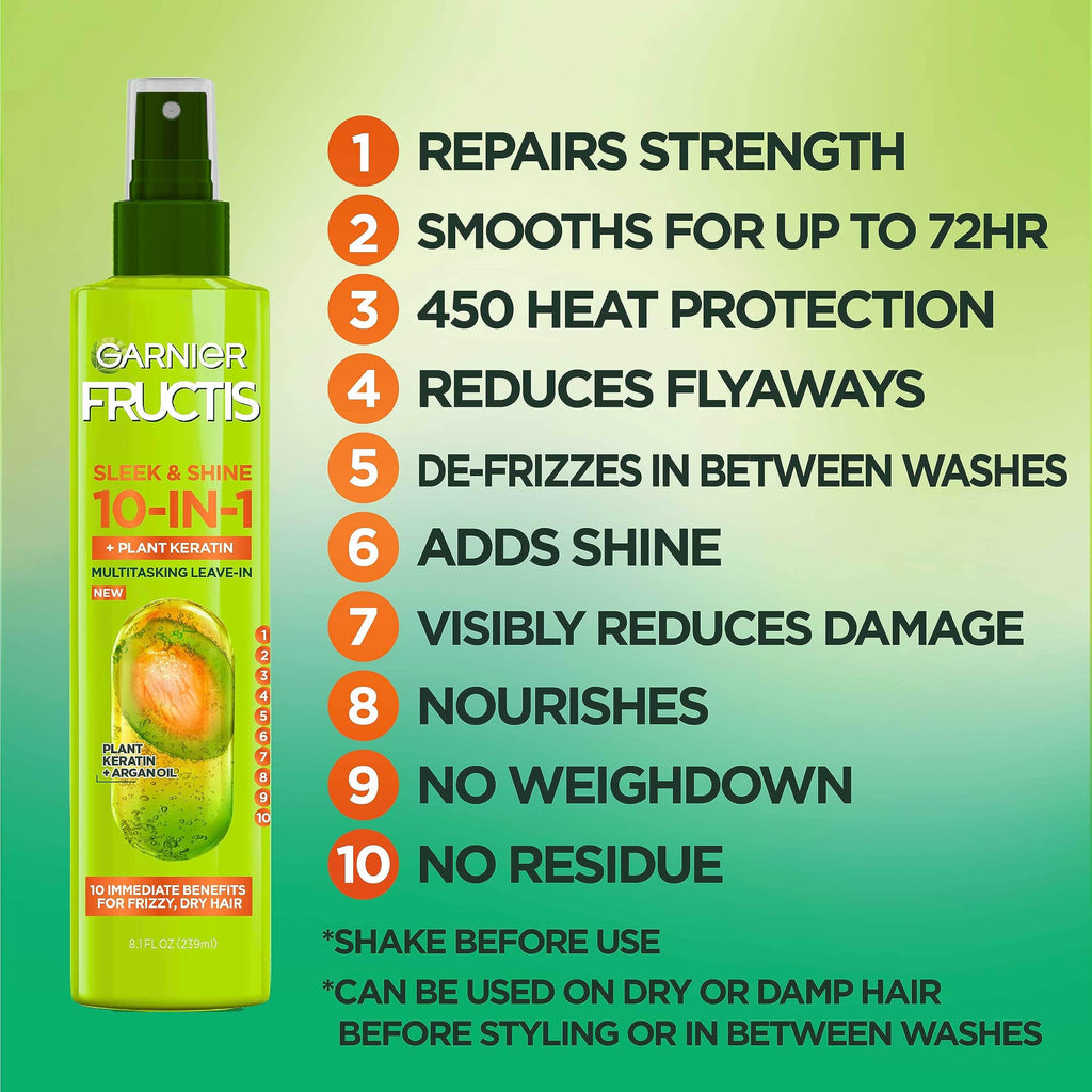 Garnier Fructis Sleek & Shine 10-in-1 Leave In Conditioner Spray for Dry, Frizzy Hair, Heat Protectant Up to 450F with Argan Oil & Plant Keratin, Provides Flyaway and Frizz Control, 8.1 Fl Oz