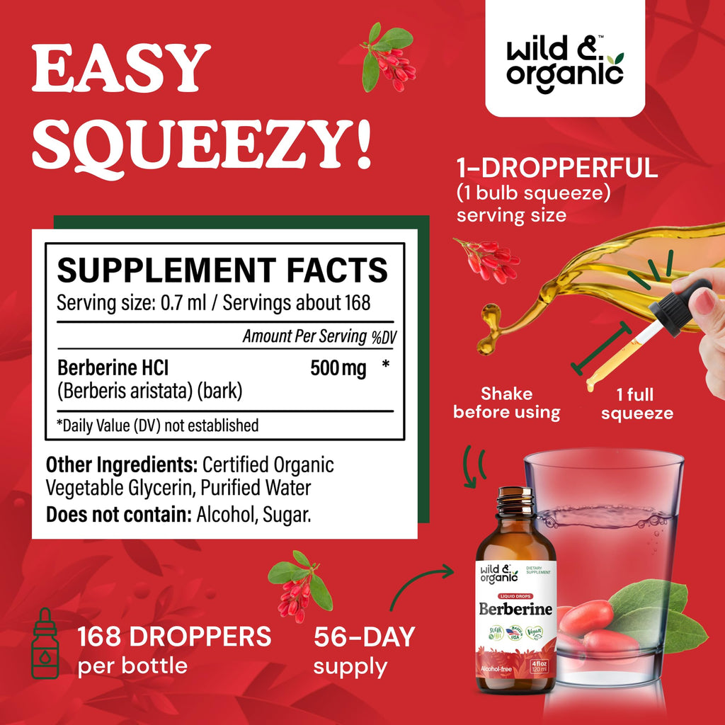 Wild & Organic Berberine Drops HCL 500mg - Antioxidant Support - 4 fl oz