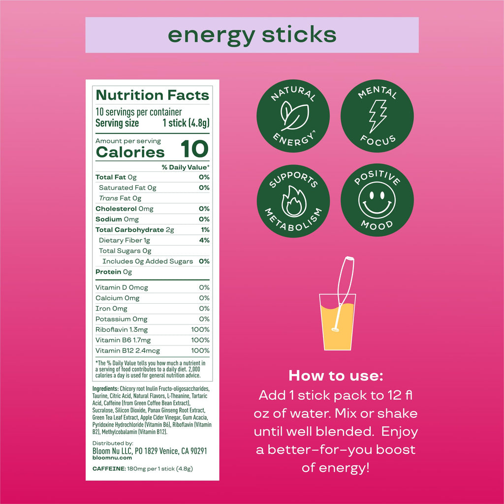 Bloom Nutrition Energy Drink Powder Packets, Sugar Free Energy Drink Mix with L-Theanine, B Vitamins & Natural Caffeine, On the Go Powder Sticks for Natural Energy, 10 Calories (10 Pouches (Pack of 1), Strawberry Watermelon)