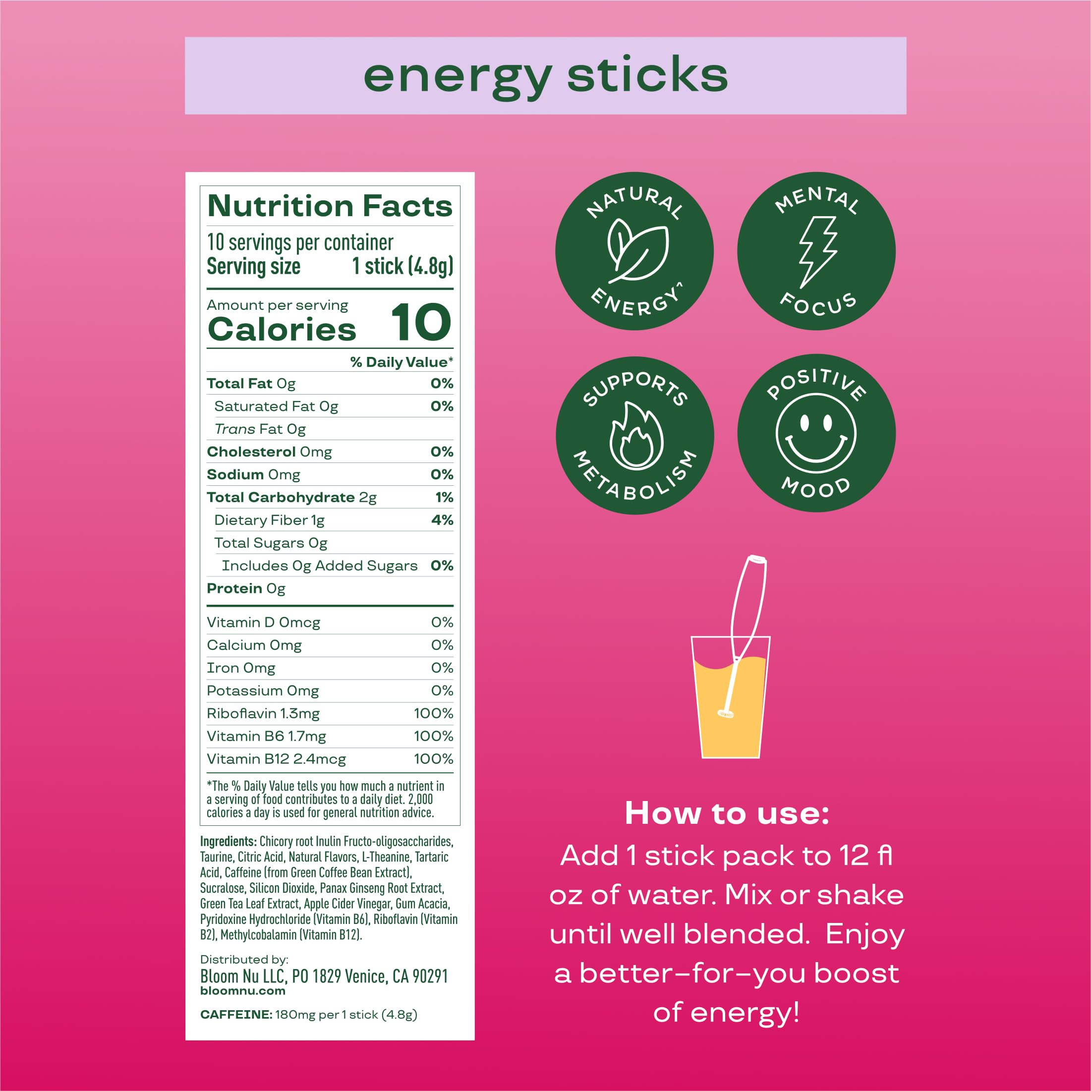 Bloom Nutrition Energy Drink Powder Packets, Sugar Free Energy Drink Mix with L-Theanine, B Vitamins & Natural Caffeine, On the Go Powder Sticks for Natural Energy, 10 Calories (10 Pouches (Pack of 1), Strawberry Watermelon)