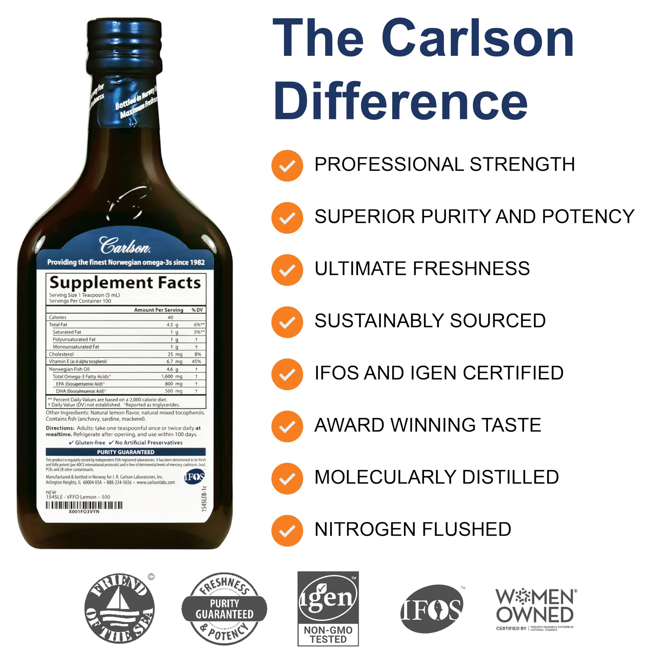 Carlson - The Very Finest Fish Oil, Special Edition, 1600 mg Omega-3s, Liquid Supplement, Norwegian Fish Oil, Wild-Caught, Sustainably Sourced Liquid, Lemon, 500 mL (16.9 Fl Oz)