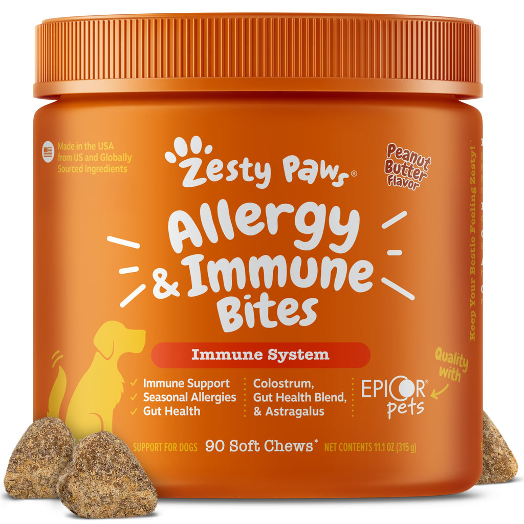 Zesty Paws Allergy Immune Bites - Dog Allergy Chews, Dog Probiotics for Itchy Skin and Ears, Peanut Butter, 90ct