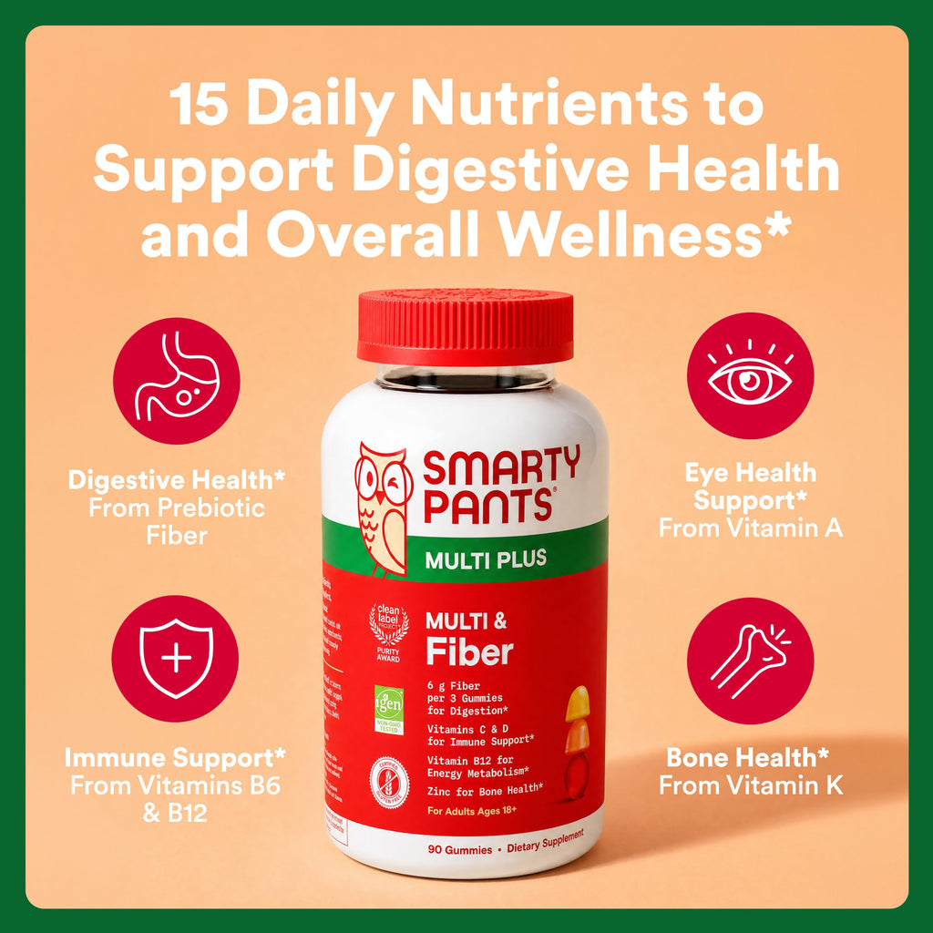 SmartyPants Plus Multi & Fiber Men and Women's Multivitamin Gummies with Prebiotic Fiber, Omega 3 DHA/EPA, Vitamin D3, C, B12, B6, A, K, Zinc, Clean Label, Three Fruit Flavors,90 Count (30 Day Supply)