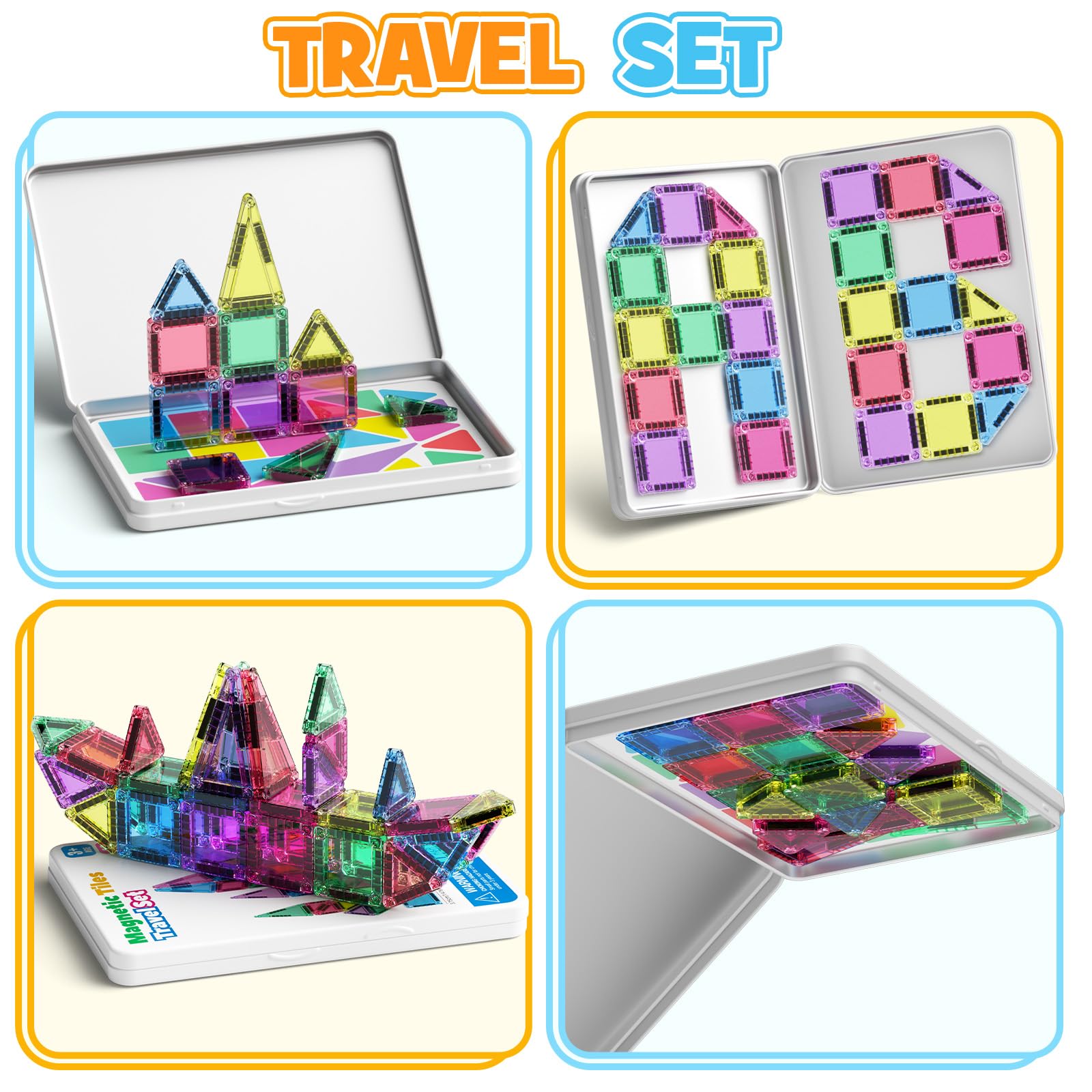 MEIQ 42PCS Mini Magnetic Tiles Travel Set with Iron Storage Box - Portable STEM Building Blocks for Kids 3-8, Montessori Educational Magnet Toys for Airplane, Car Rides & On-The-Go Play