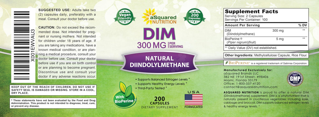 aSquared Nutrition DIM Supplement 300mg Per Serving Plus BioPerine - 200 Veggie Capsules - Diindolylmethane DIM Max Strength Pills to Support Estrogen Metabolism & Balance, Menopause, Hormonal Acne
