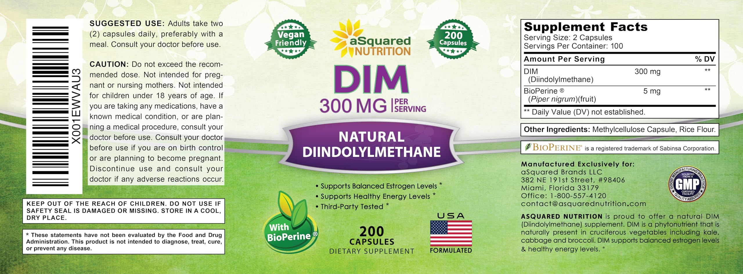 aSquared Nutrition DIM Supplement 300mg Per Serving Plus BioPerine - 200 Veggie Capsules - Diindolylmethane DIM Max Strength Pills to Support Estrogen Metabolism & Balance, Menopause, Hormonal Acne