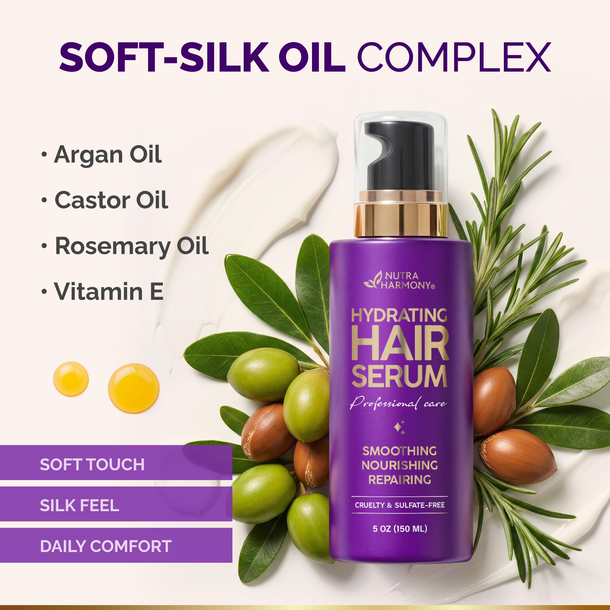 Hydrating Hair Serum for Dry & Frizzy Hair, Lightweight Leave-In Anti-Frizz Treatment, Non-Greasy Split Ends Repair with Keratin, Biotin, Castor & Rosemary Oils, Smooth Shine & Heat Protection, 2 Pack