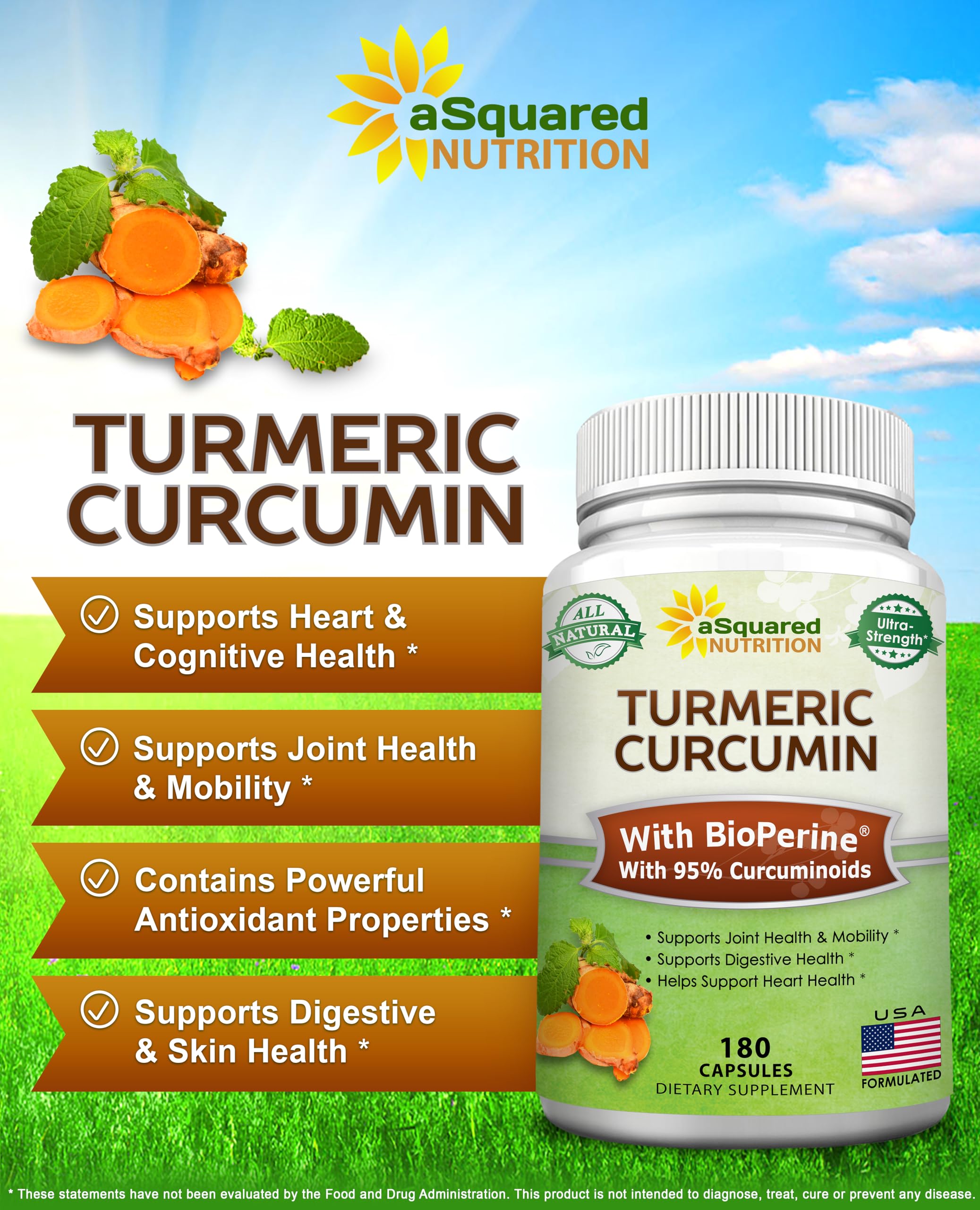 aSquared Nutrition Turmeric Curcumin 1300mg with BioPerine Black Pepper Extract - 180 Capsules - with 95% Curcuminoids, 100% Natural Tumeric Root Powder Supplements, Pure & Joint Stiffness Pills