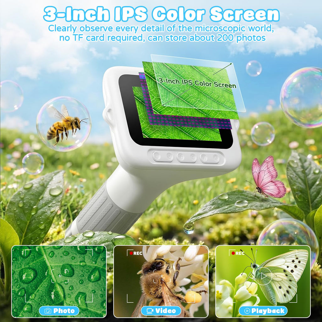 ASPOVEN Kids Microscope, 1000X with 3.0" Large IPS Screen (White)
