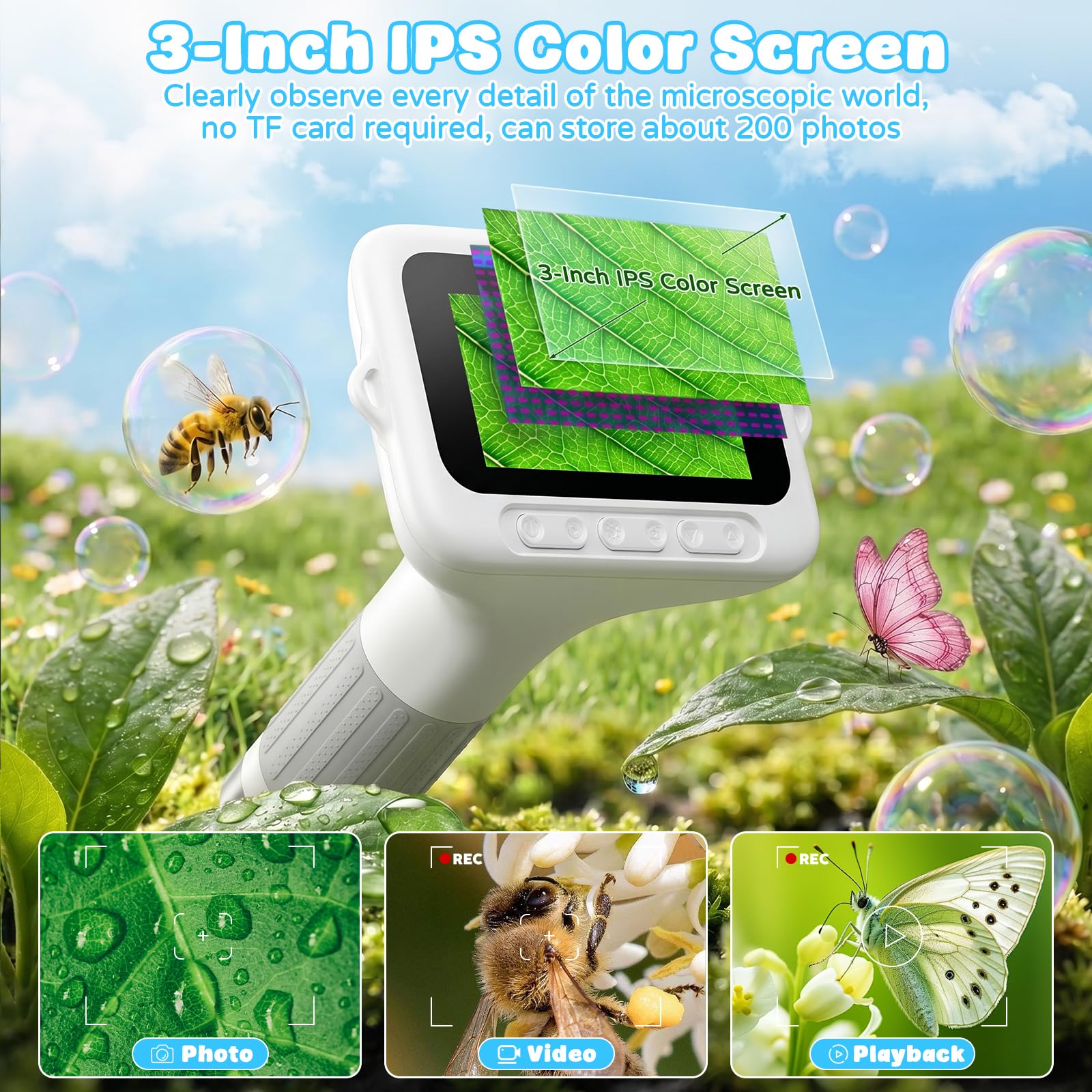ASPOVEN Kids Microscope, 1000X with 3.0" Large IPS Screen (White)