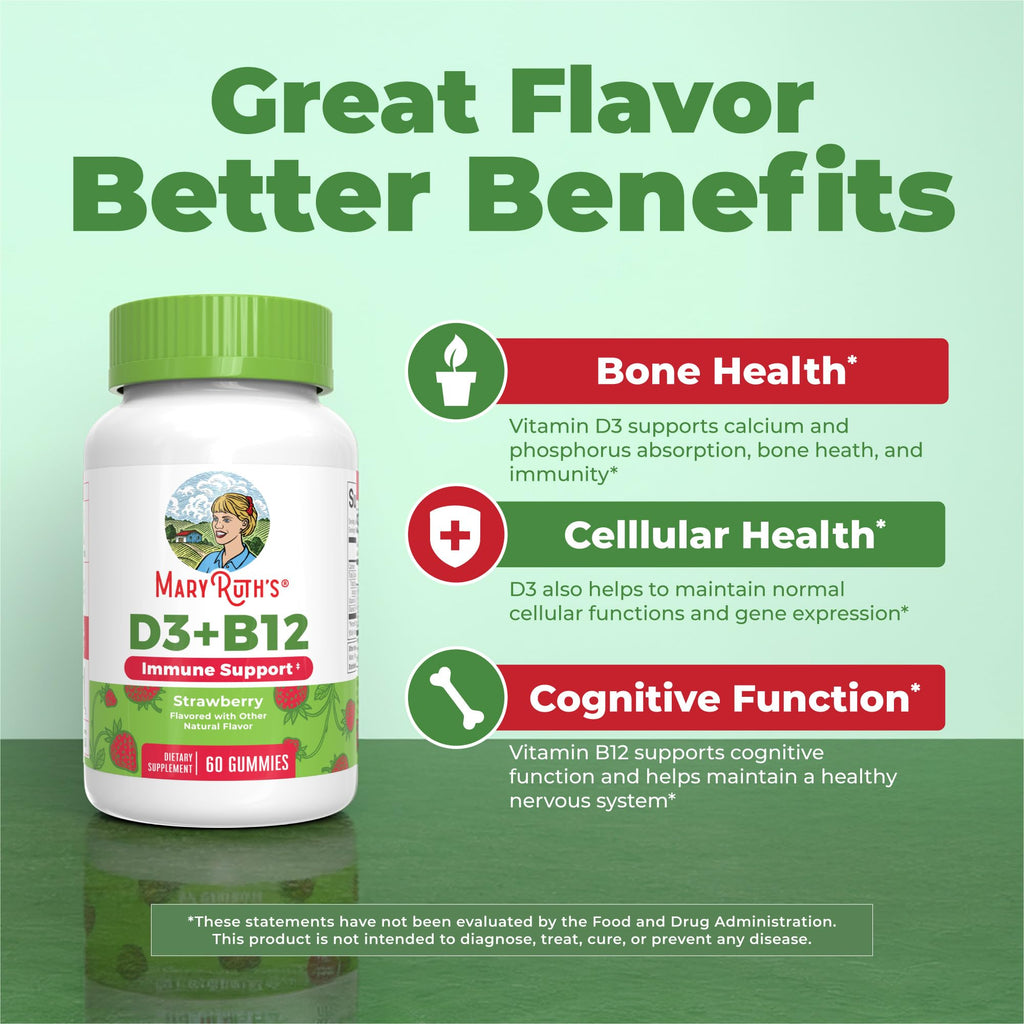 MARYRUTH'S Vitamin D3 + B12 Gummies for Ages 4+, Bone Health, 60 Servings